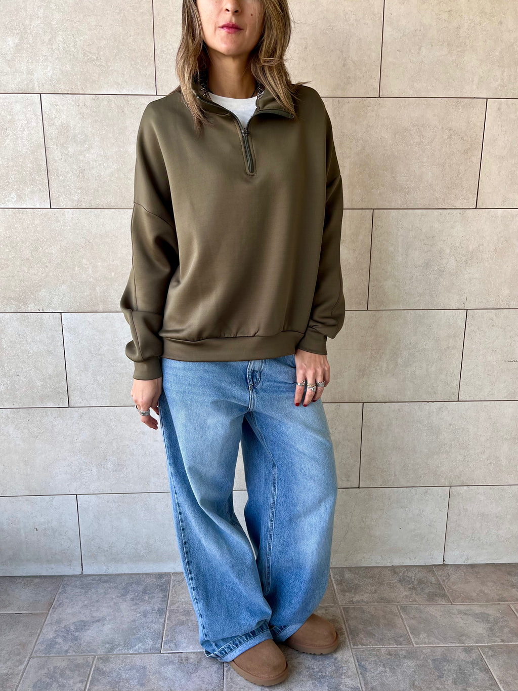 Olive Quarter Zip Up Scuba Sweatshirt