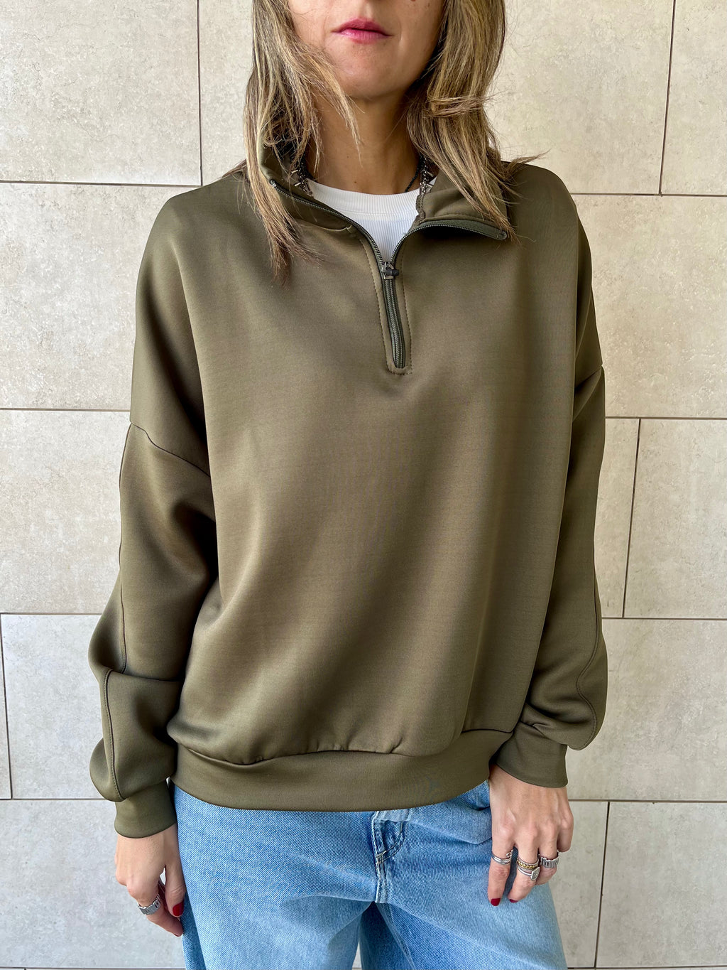 Olive Quarter Zip Up Scuba Sweatshirt