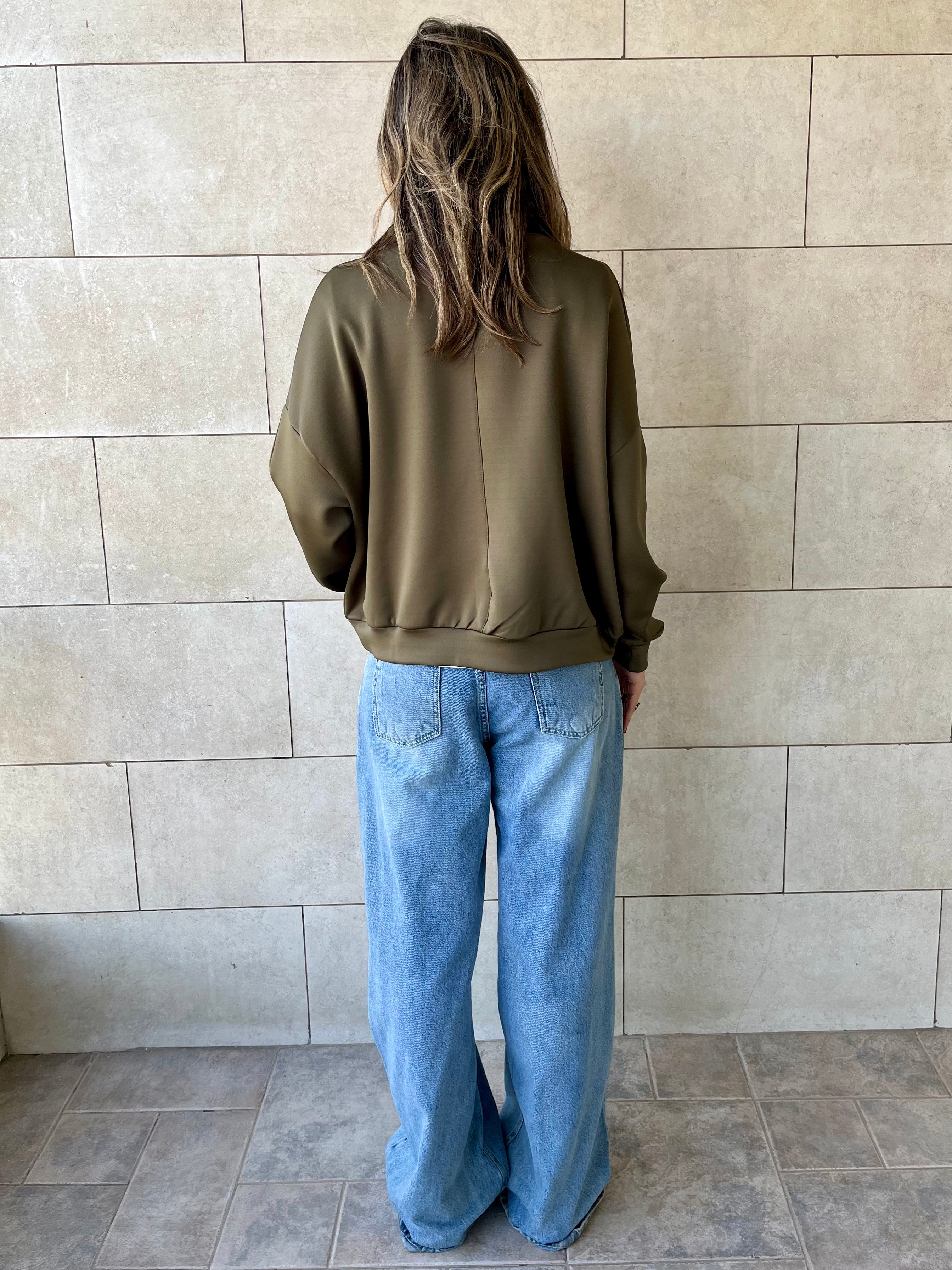 Olive Quarter Zip Up Scuba Sweatshirt