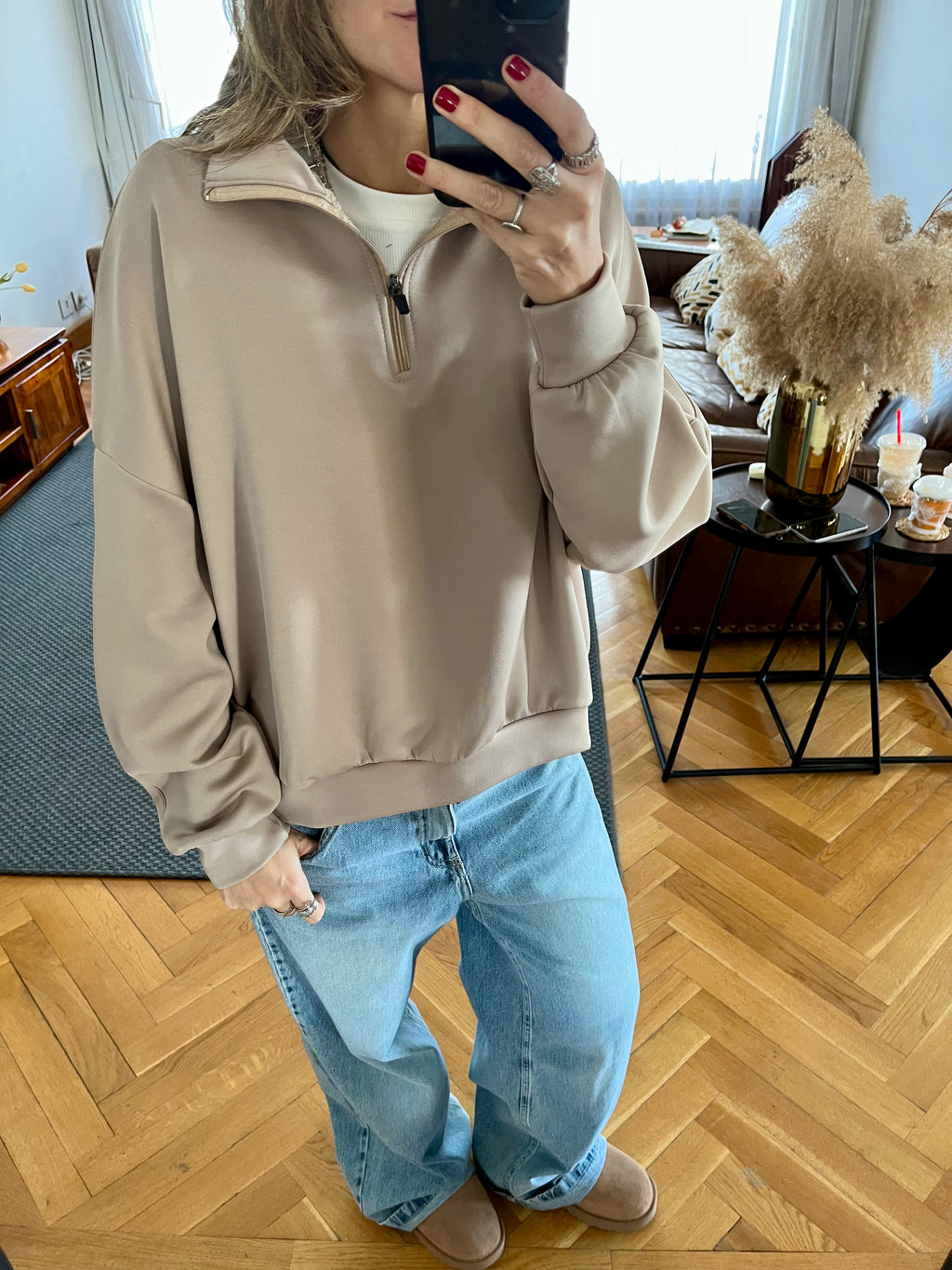 Beige Quarter Zip Up Scuba Sweatshirt