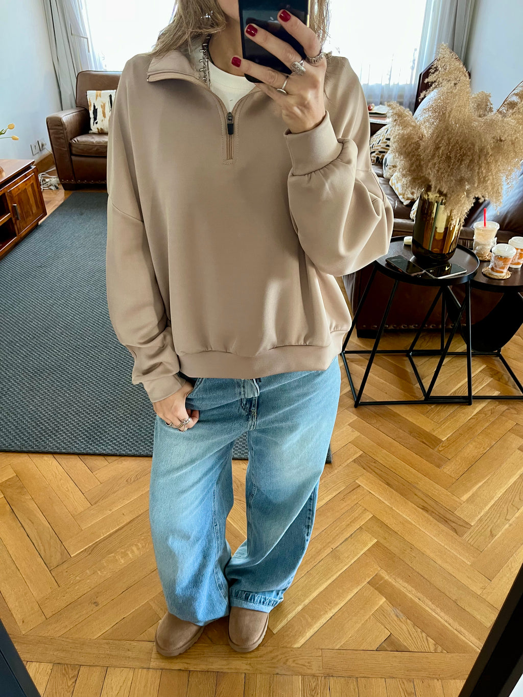 Beige Quarter Zip Up Scuba Sweatshirt