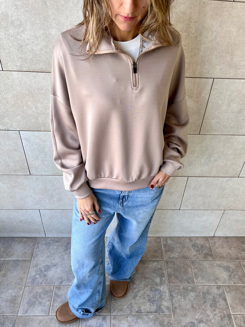 Beige Quarter Zip Up Scuba Sweatshirt