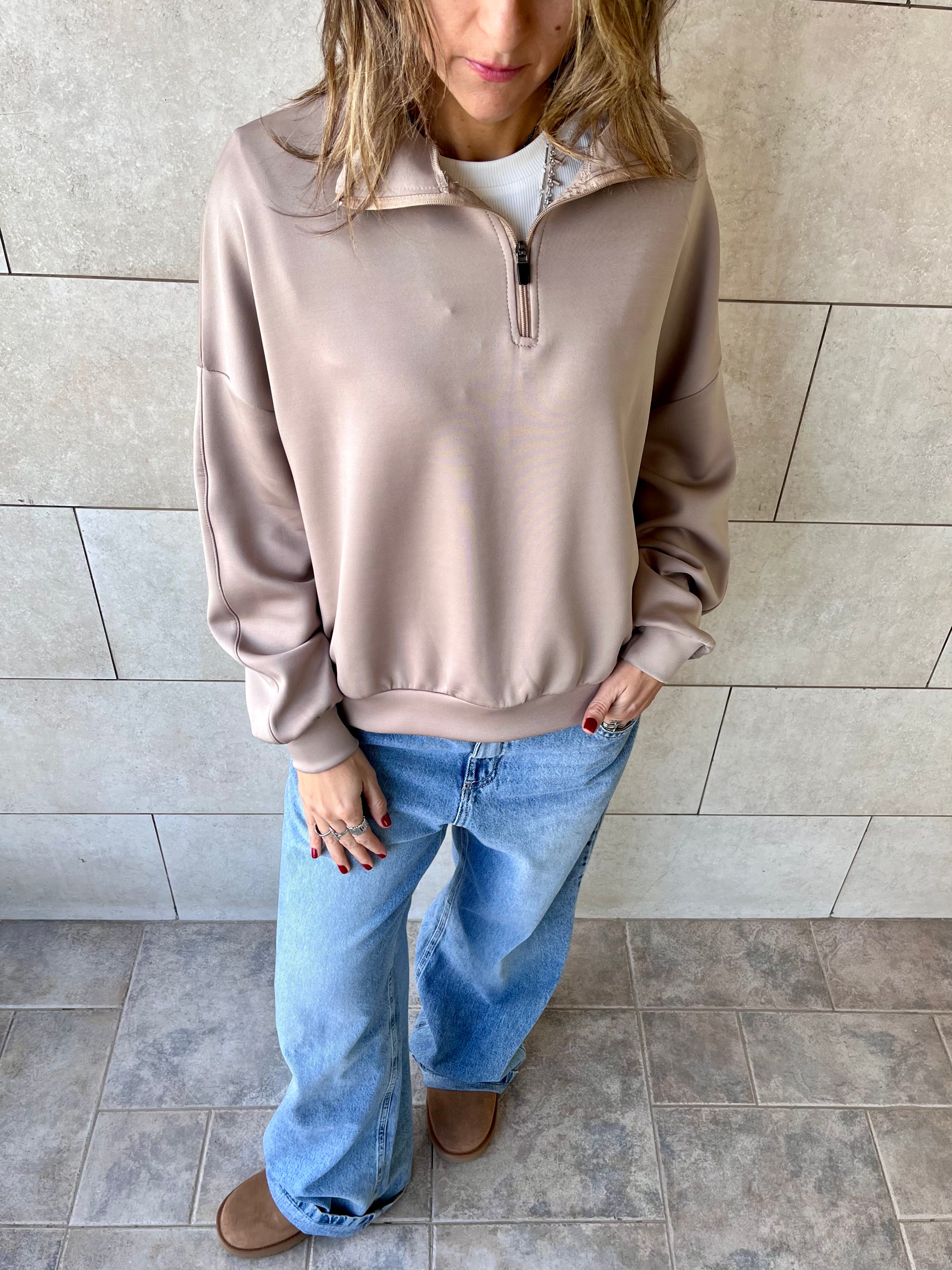 Beige Quarter Zip Up Scuba Sweatshirt