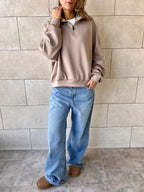 Beige Quarter Zip Up Scuba Sweatshirt