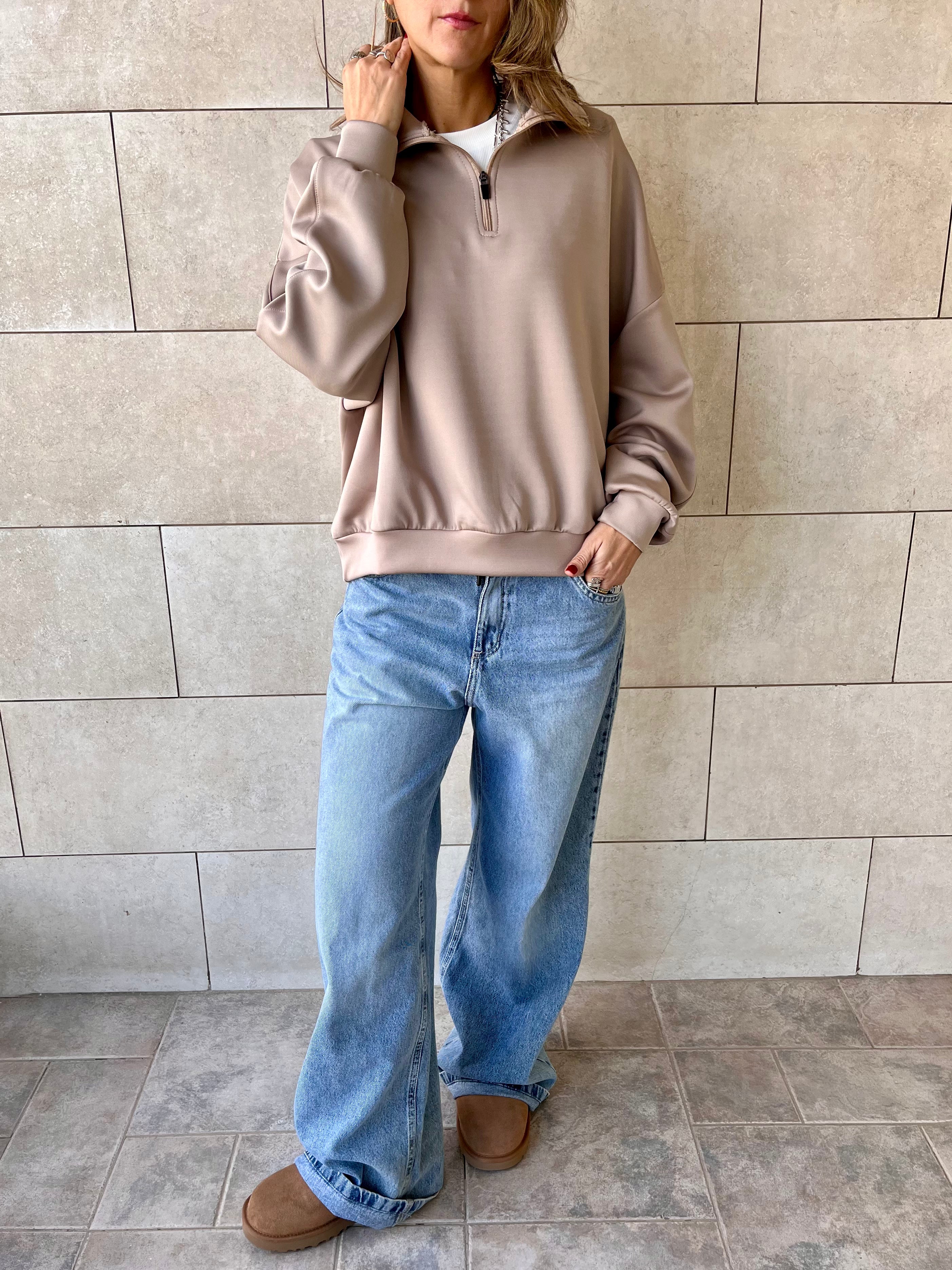 Beige Quarter Zip Up Scuba Sweatshirt