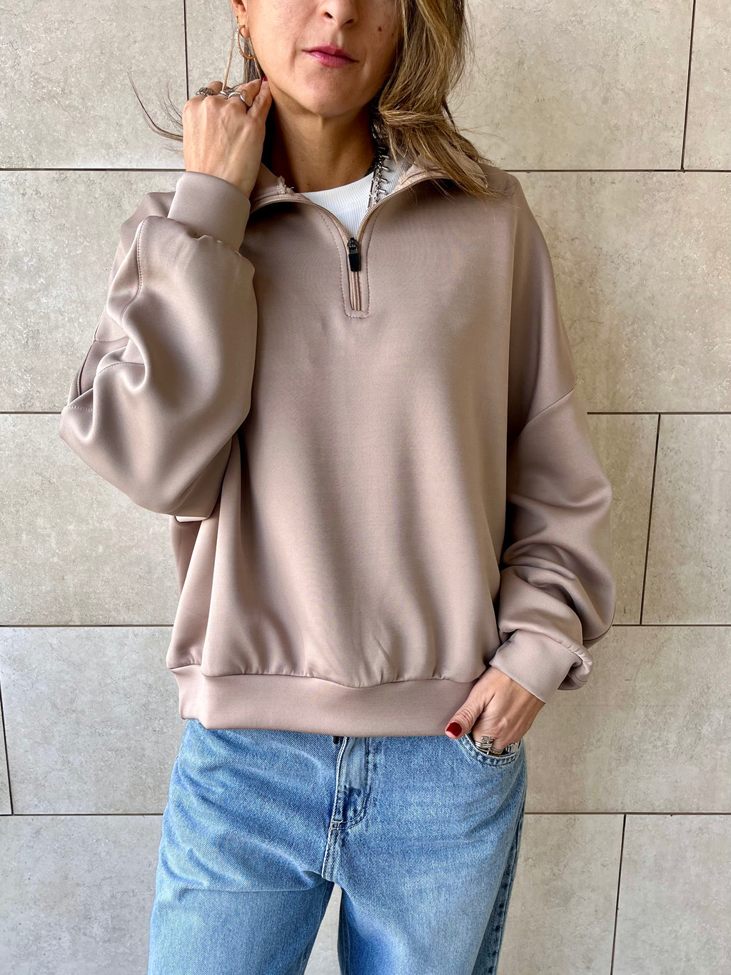 Beige Quarter Zip Up Scuba Sweatshirt