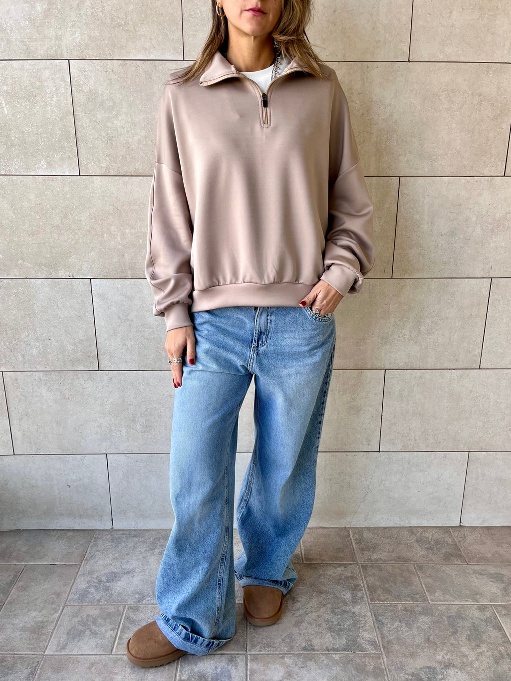 Beige Quarter Zip Up Scuba Sweatshirt