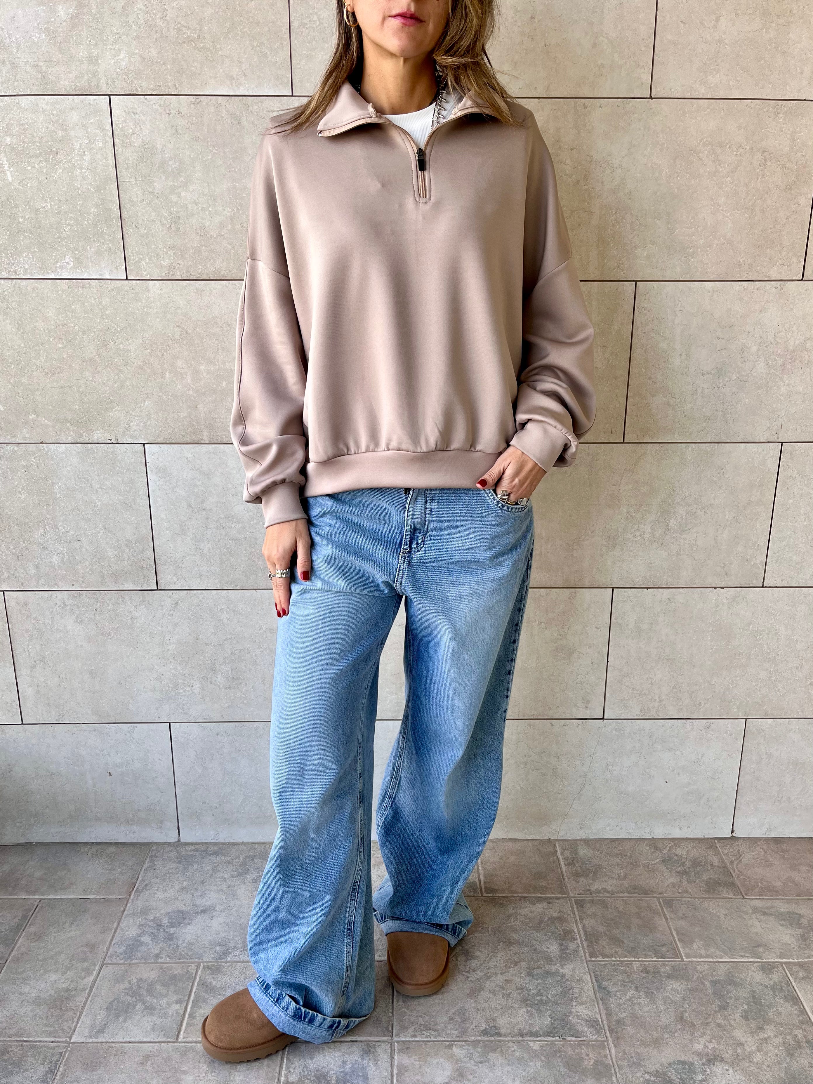 Beige Quarter Zip Up Scuba Sweatshirt