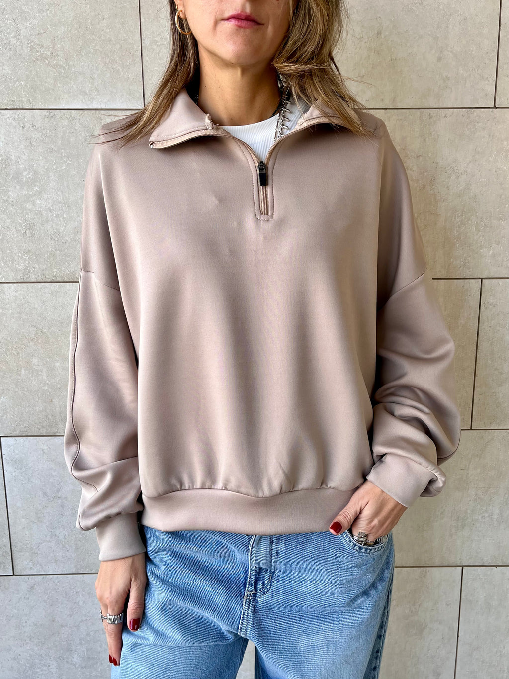Beige Quarter Zip Up Scuba Sweatshirt