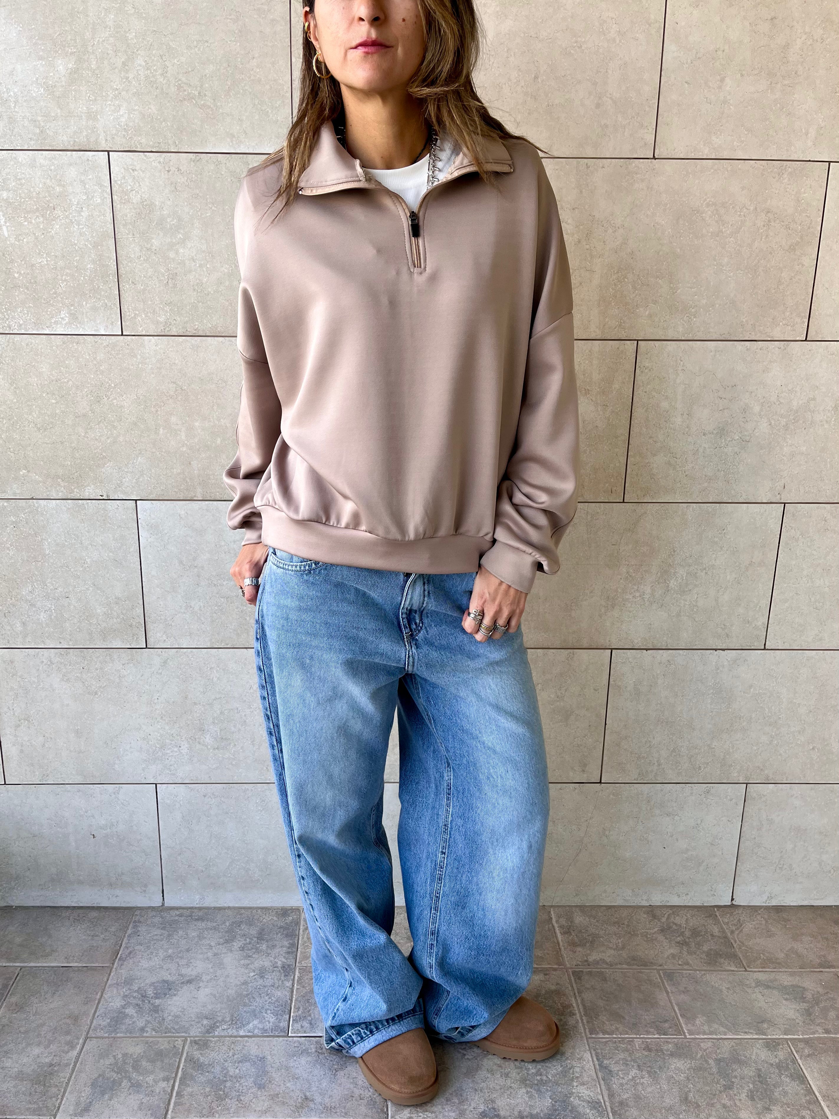 Beige Quarter Zip Up Scuba Sweatshirt