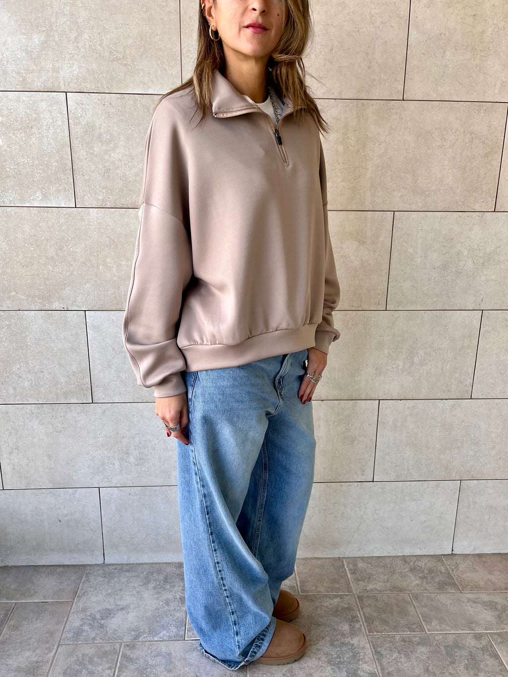 Beige Quarter Zip Up Scuba Sweatshirt