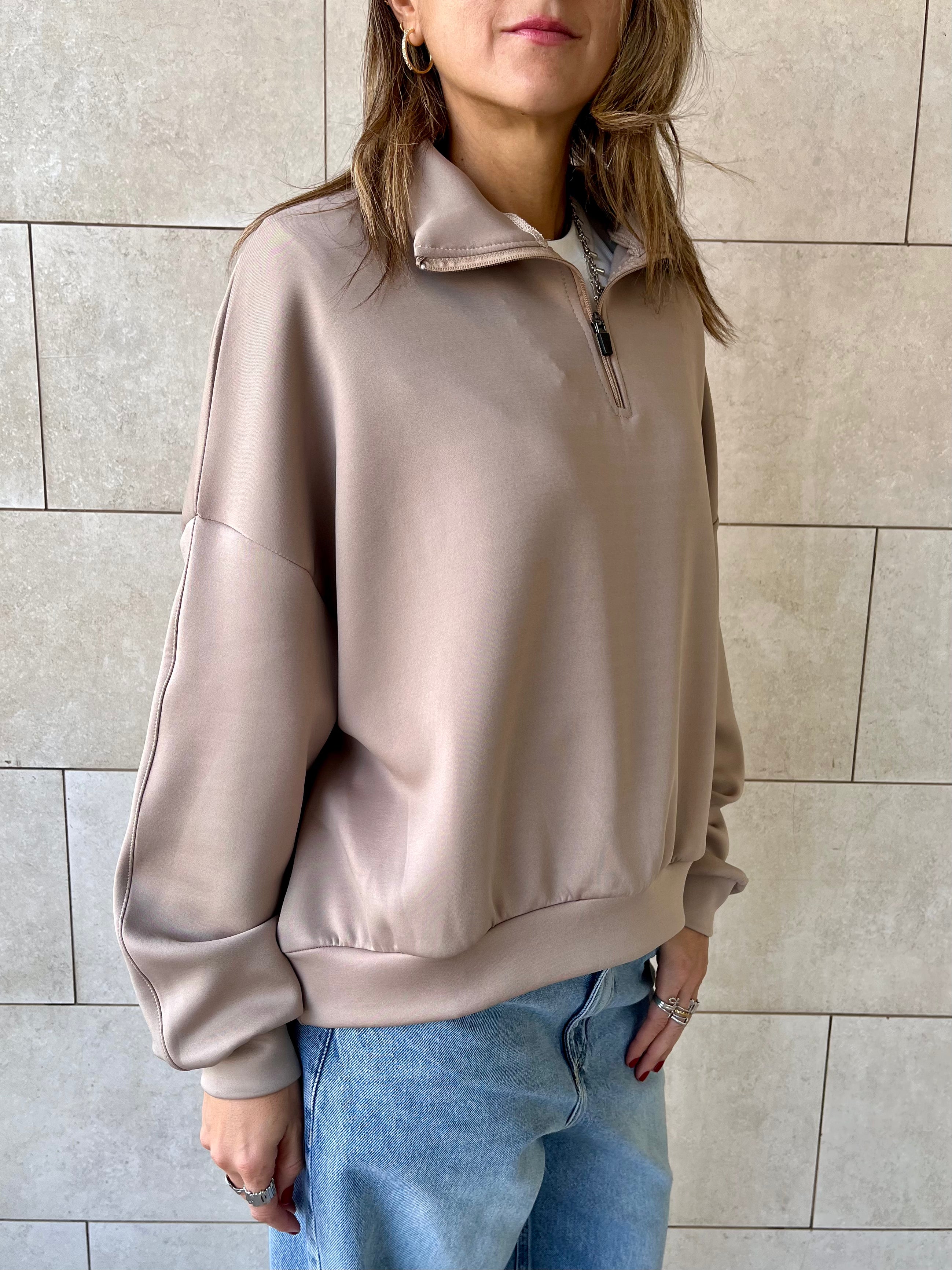 Beige Quarter Zip Up Scuba Sweatshirt