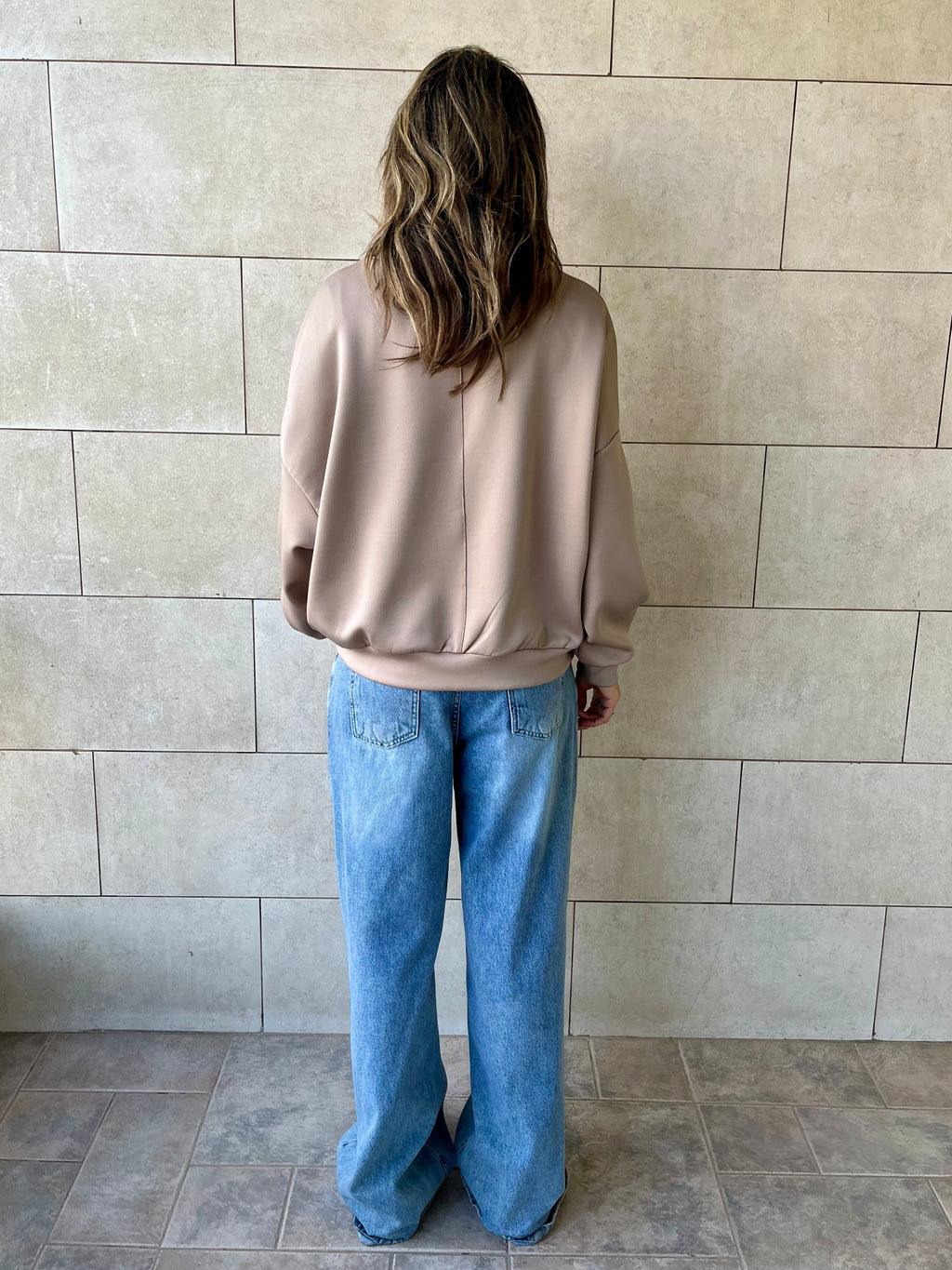 Beige Quarter Zip Up Scuba Sweatshirt