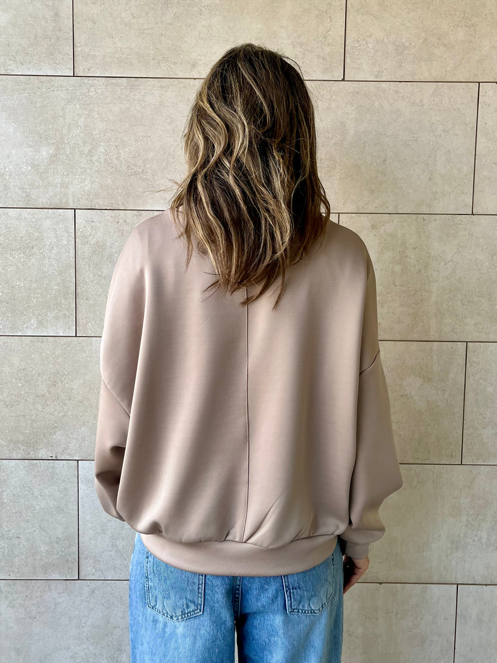 Beige Quarter Zip Up Scuba Sweatshirt