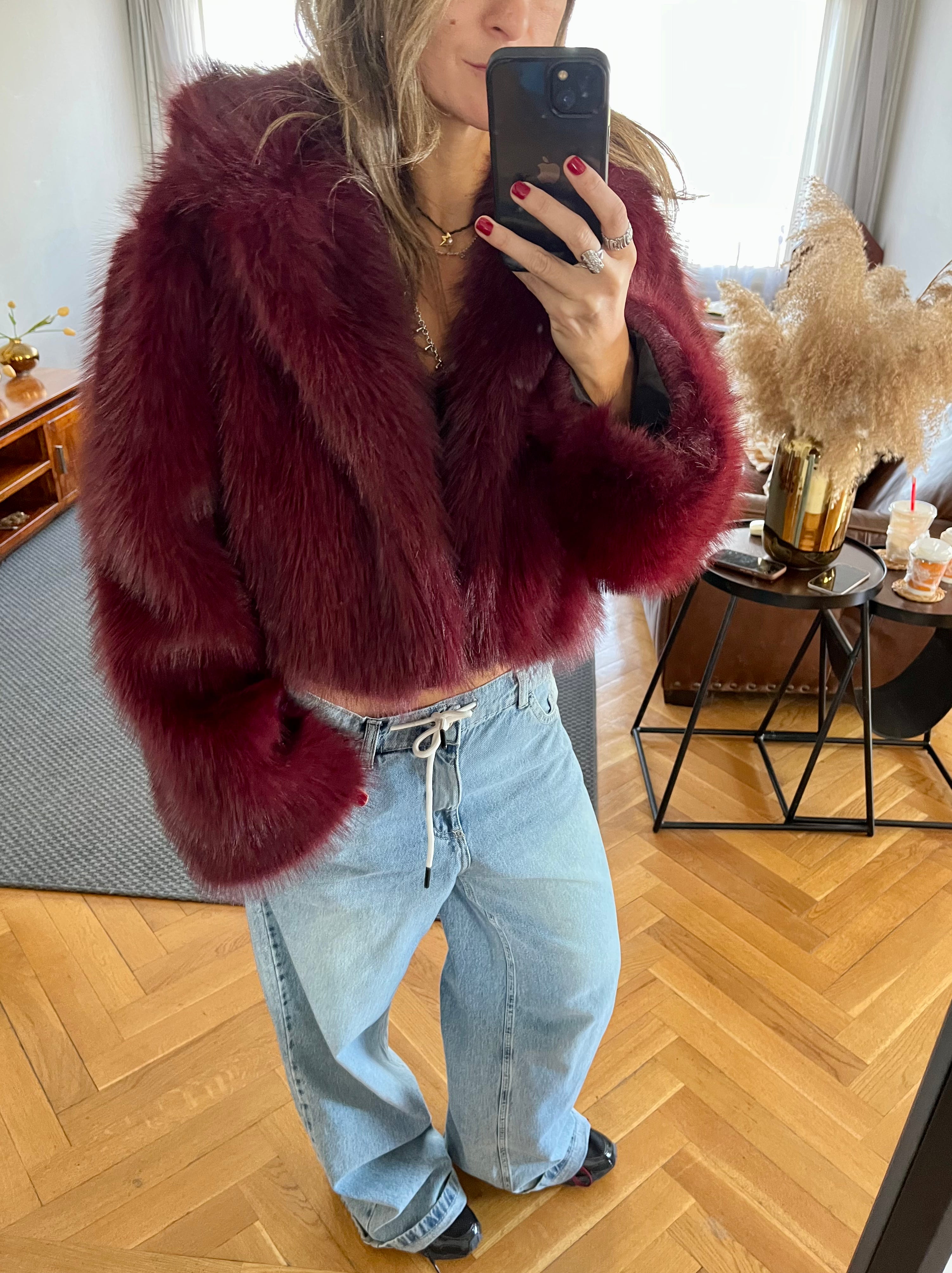Burgundy Fur Cropped Jacket