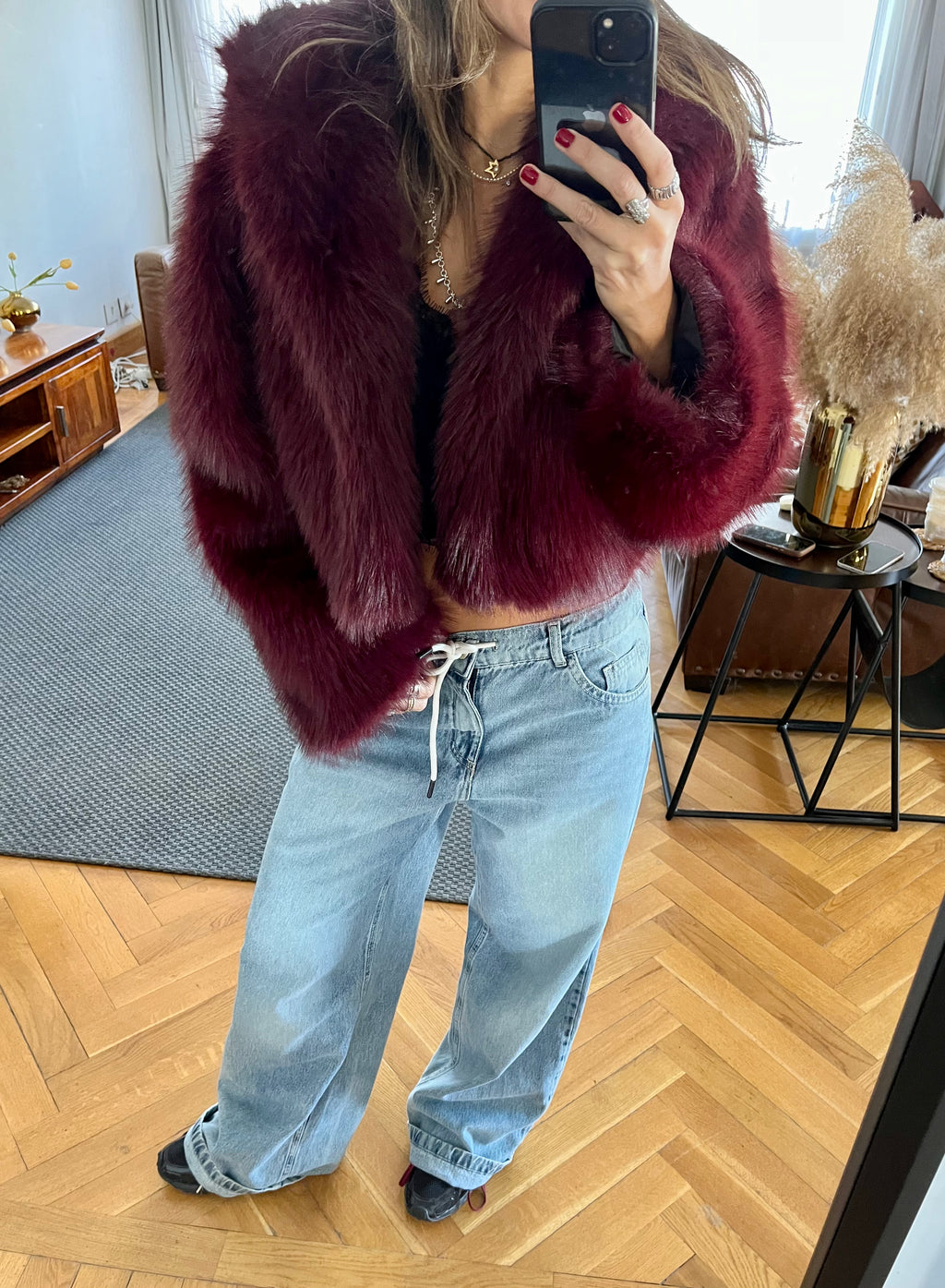 Burgundy Fur Cropped Jacket