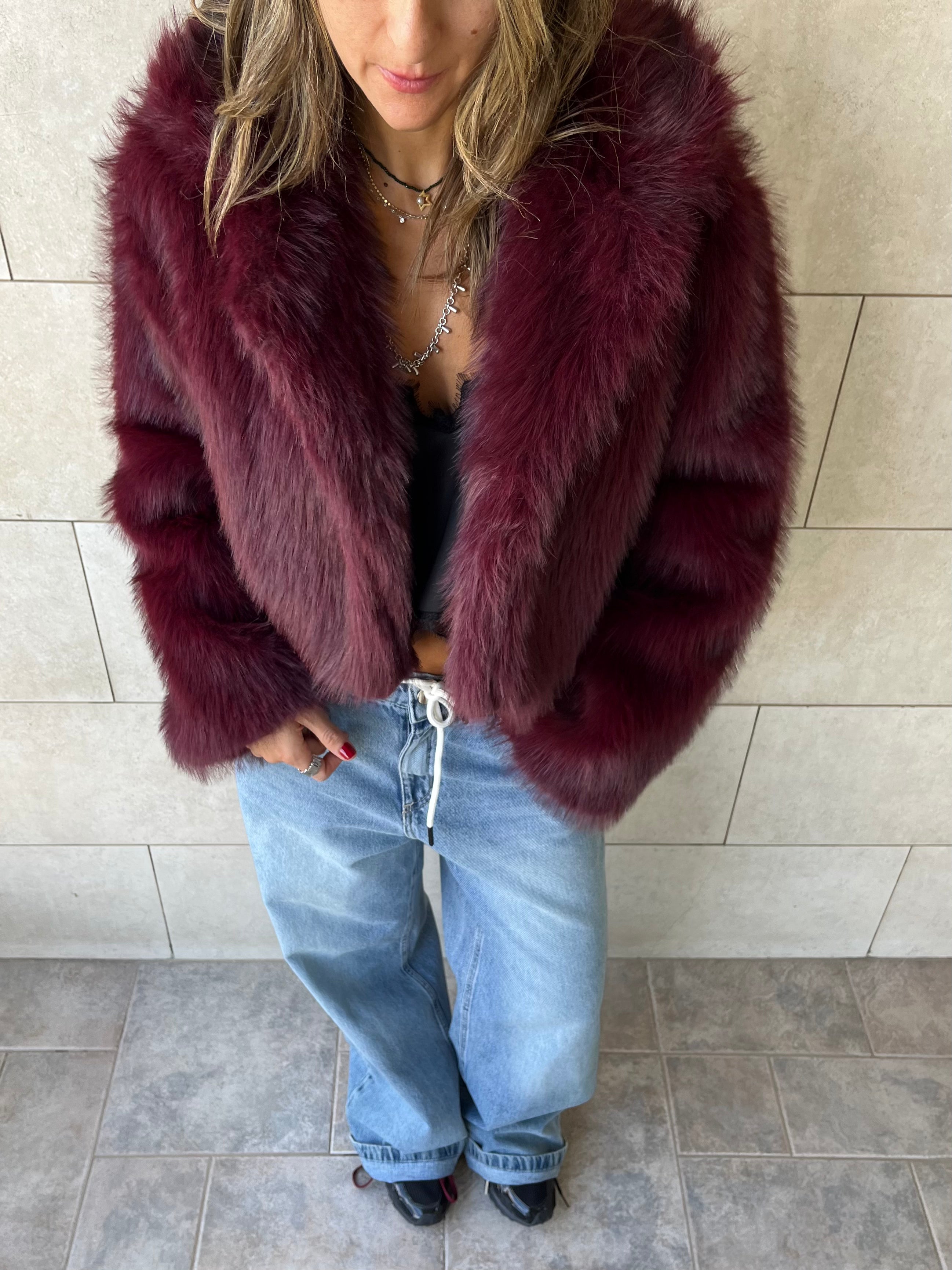 Burgundy Fur Cropped Jacket