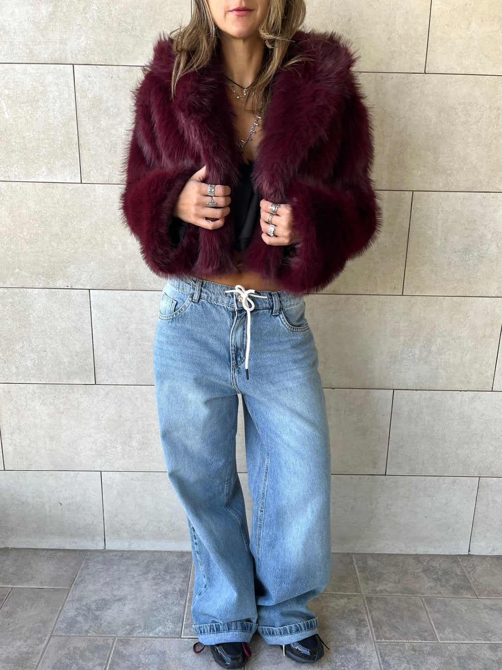 Burgundy Fur Cropped Jacket
