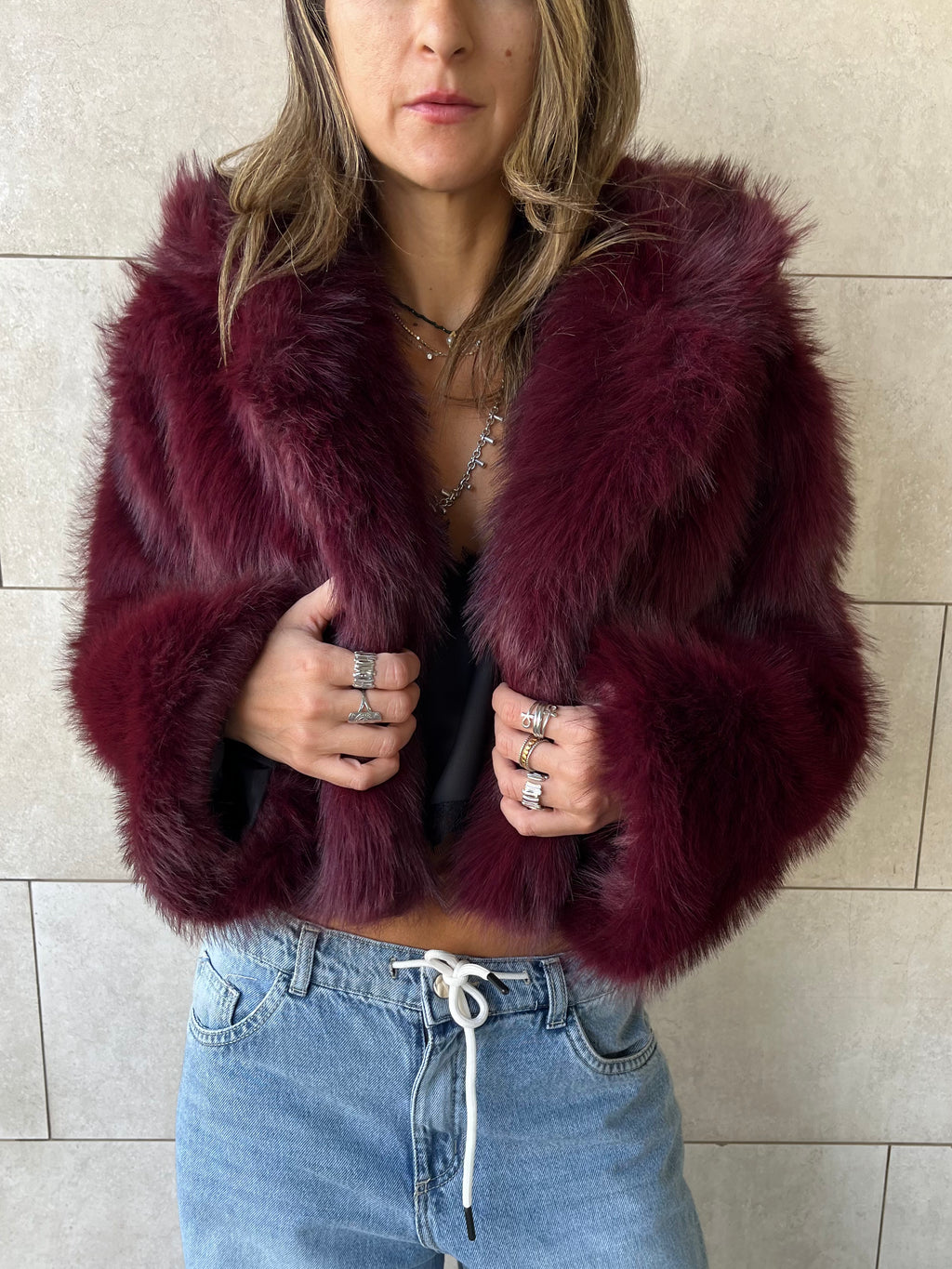 Burgundy Fur Cropped Jacket
