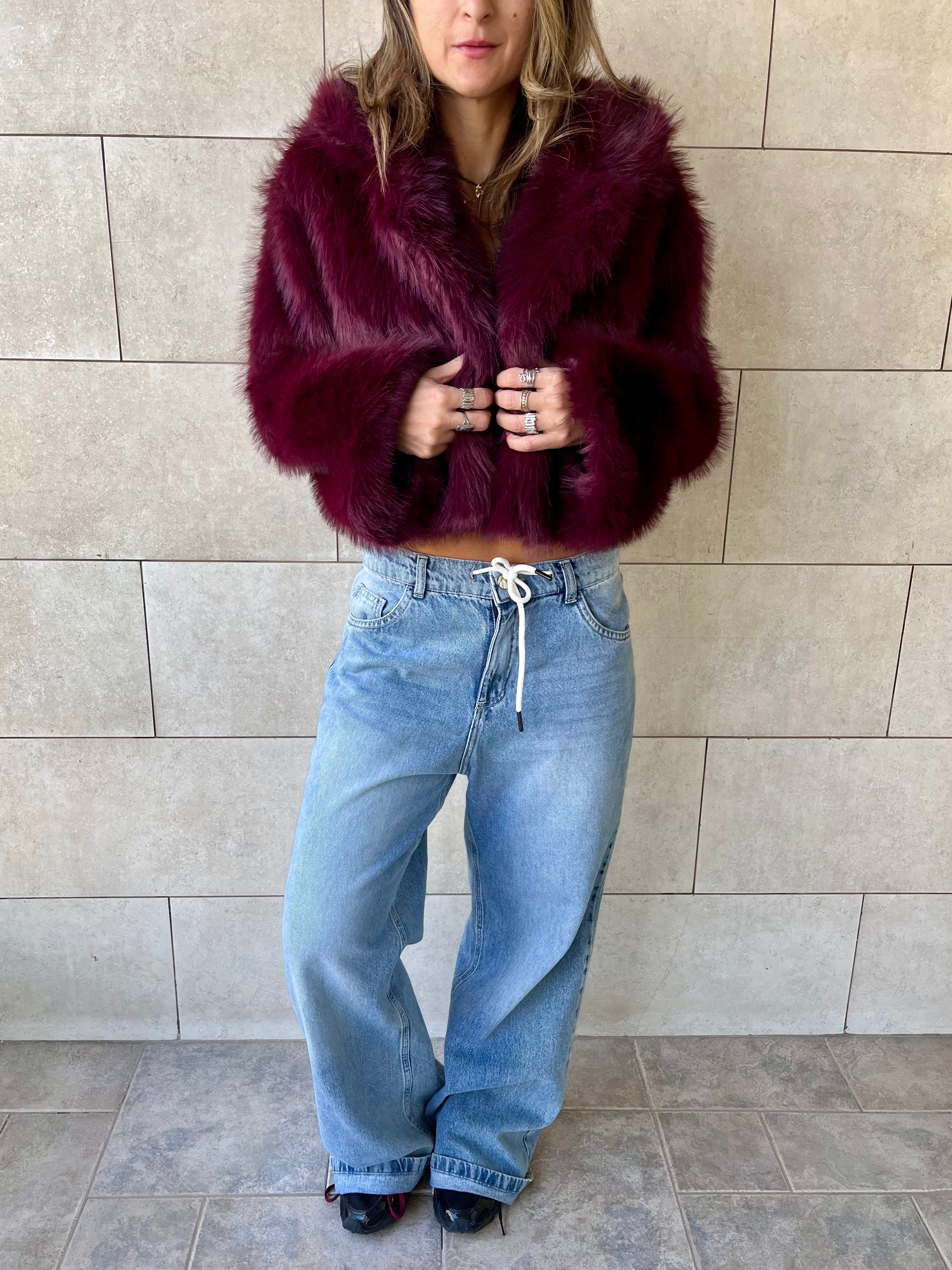 Burgundy Fur Cropped Jacket