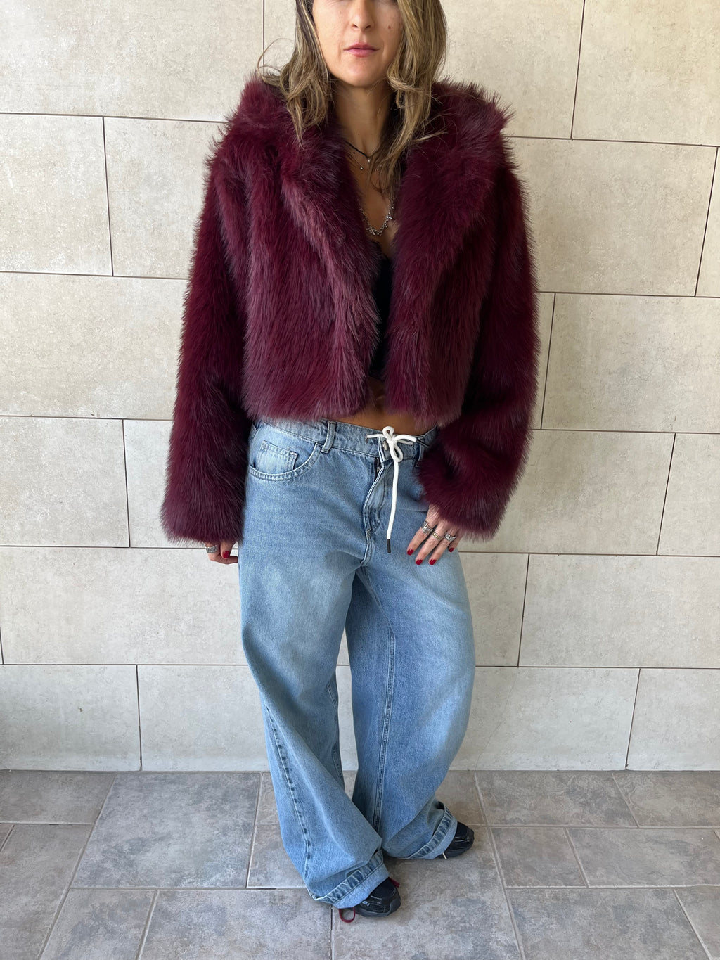 Burgundy Fur Cropped Jacket