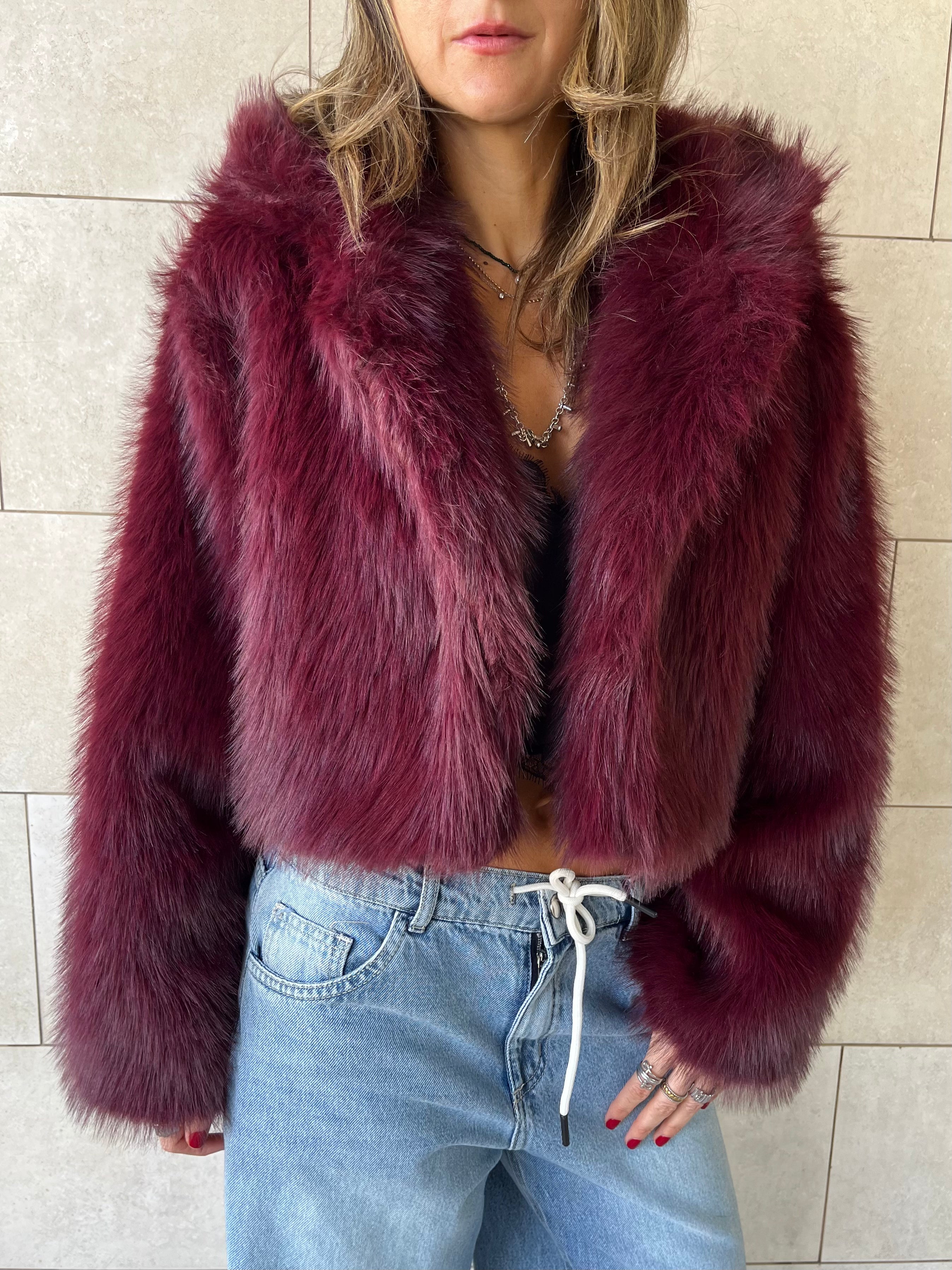 Burgundy Fur Cropped Jacket