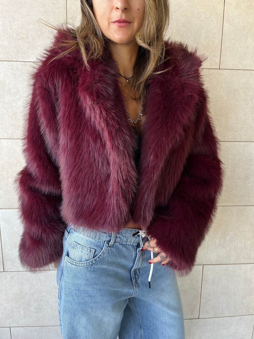Burgundy Fur Cropped Jacket