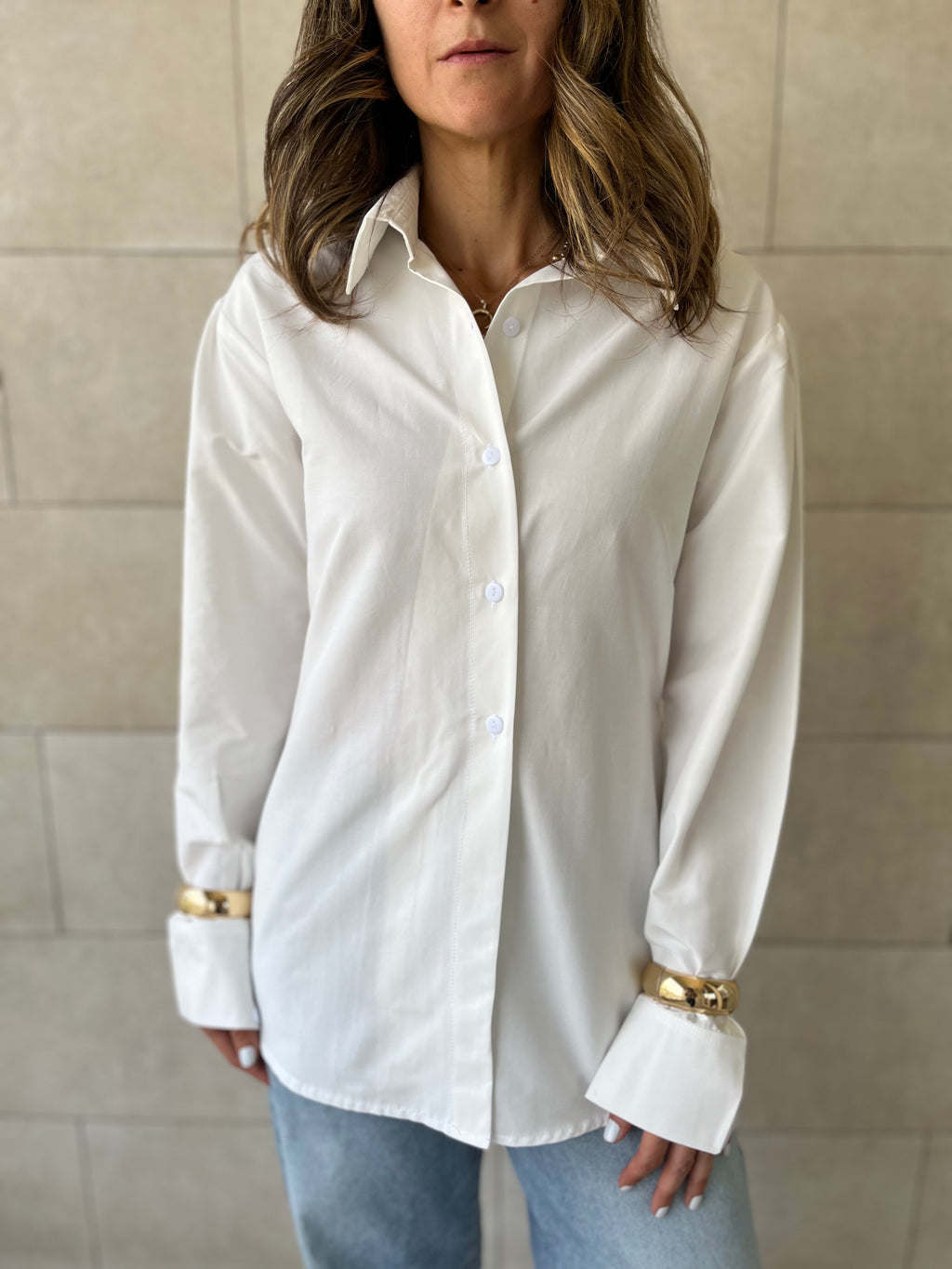 White Cuffs Included Sleeve Asymmetrical Shirt