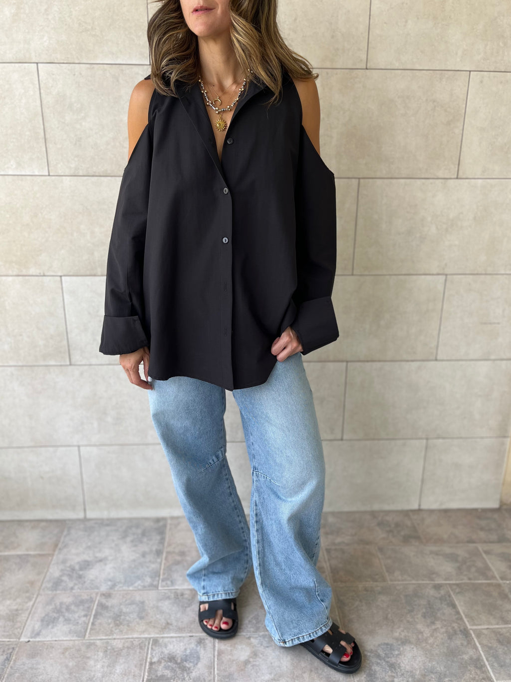 Black Cut Out Shoulder Shirt