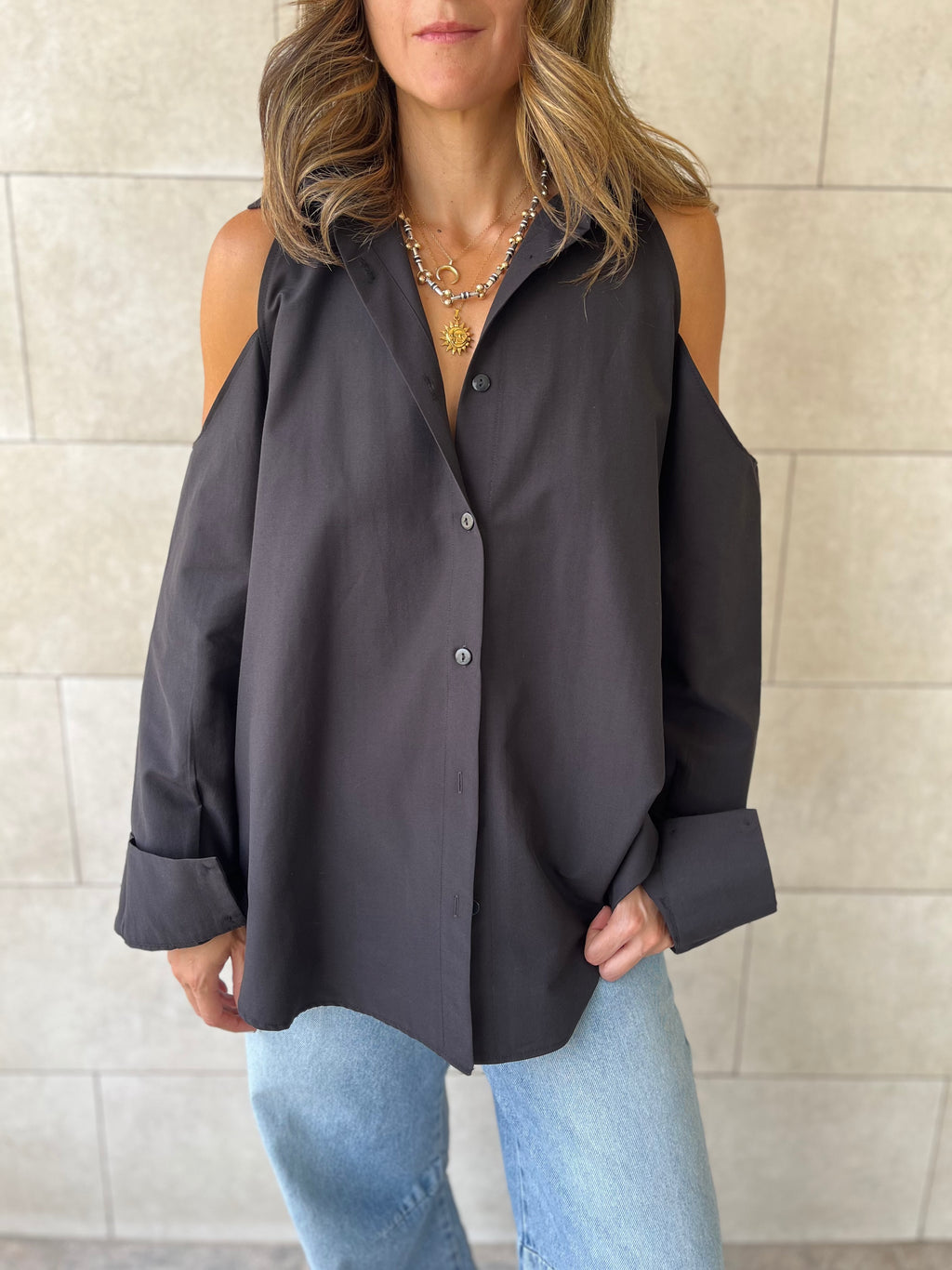 Black Cut Out Shoulder Shirt