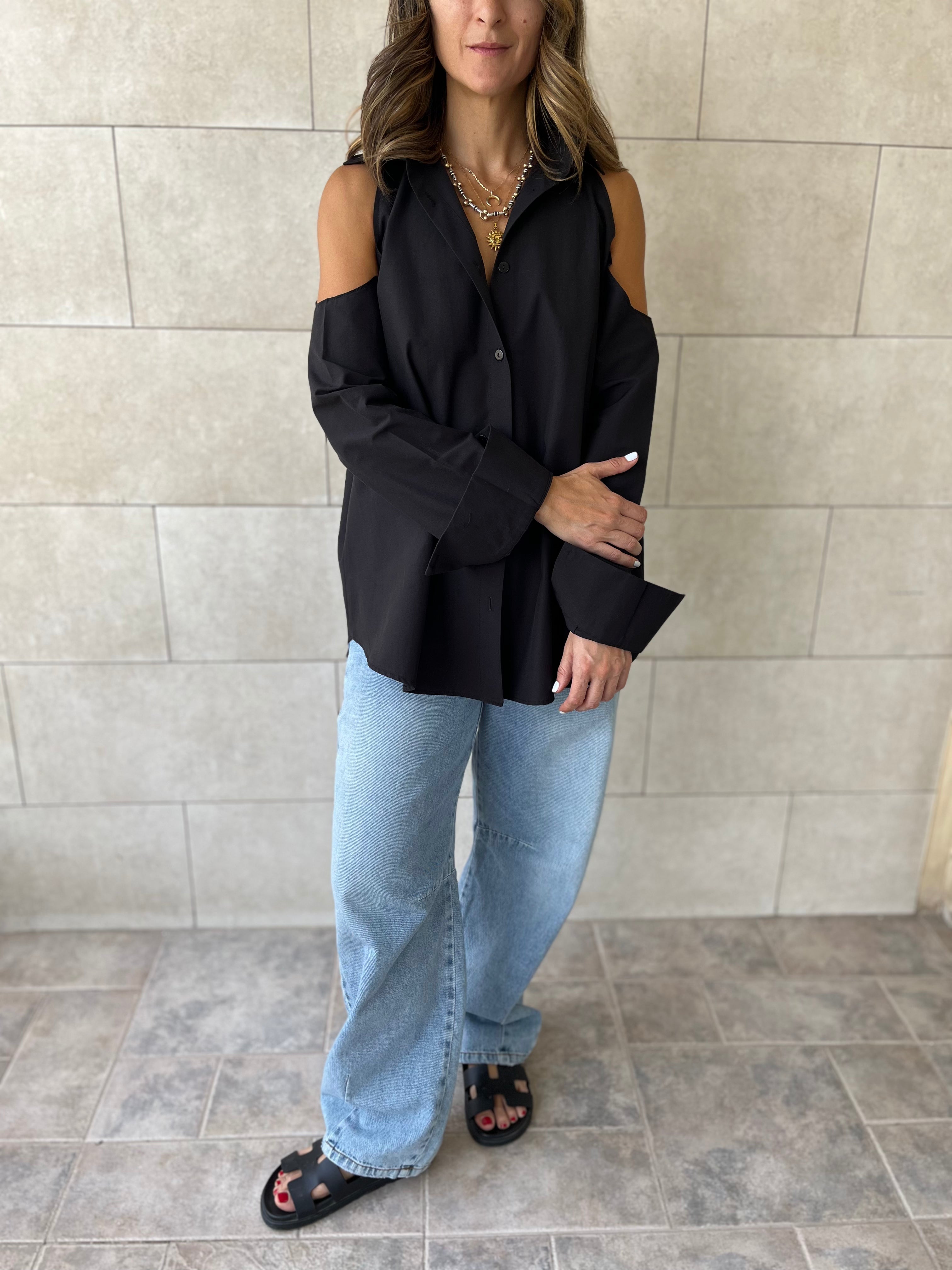 Black Cut Out Shoulder Shirt