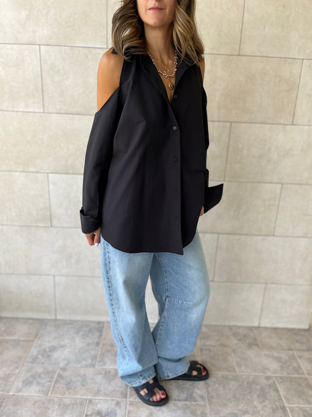 Black Cut Out Shoulder Shirt