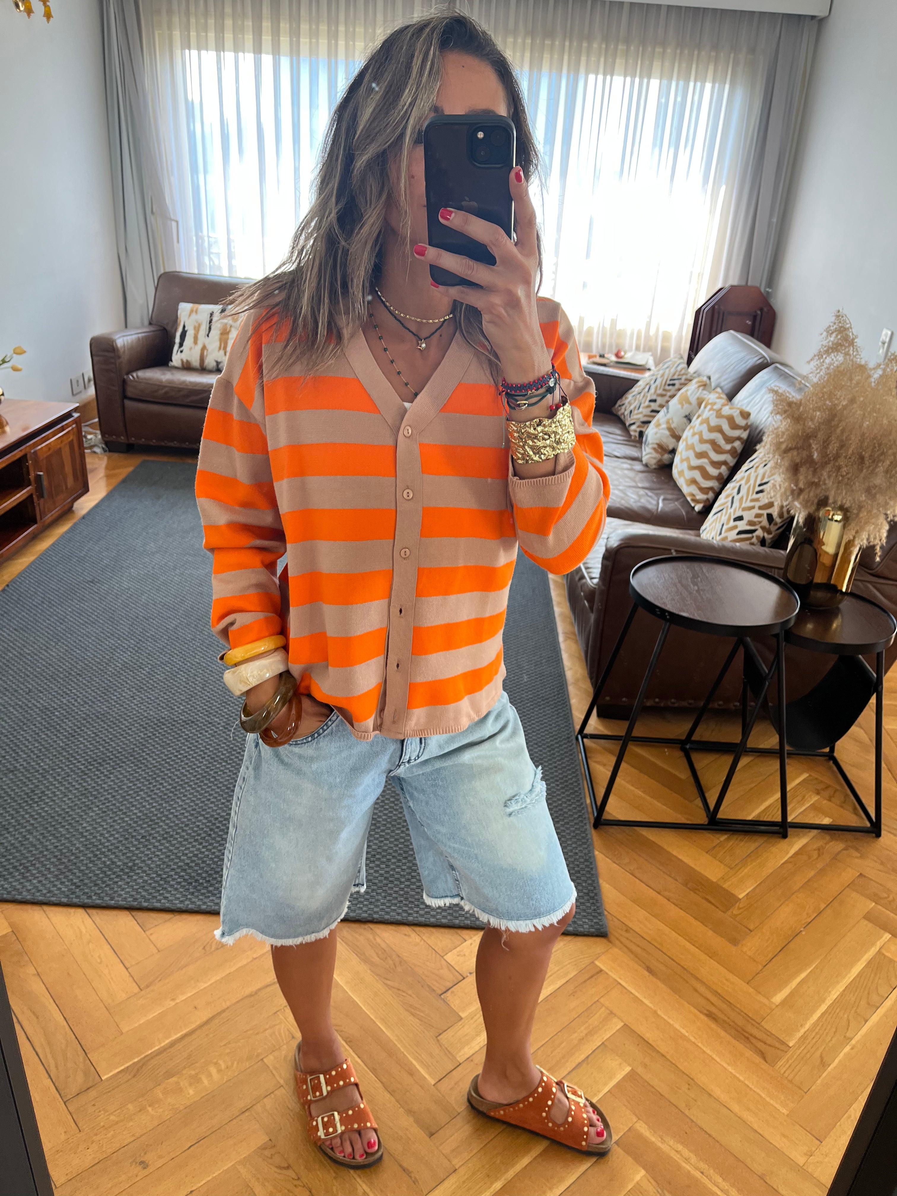 Orange Striped Everyday Light Knit Cardigan