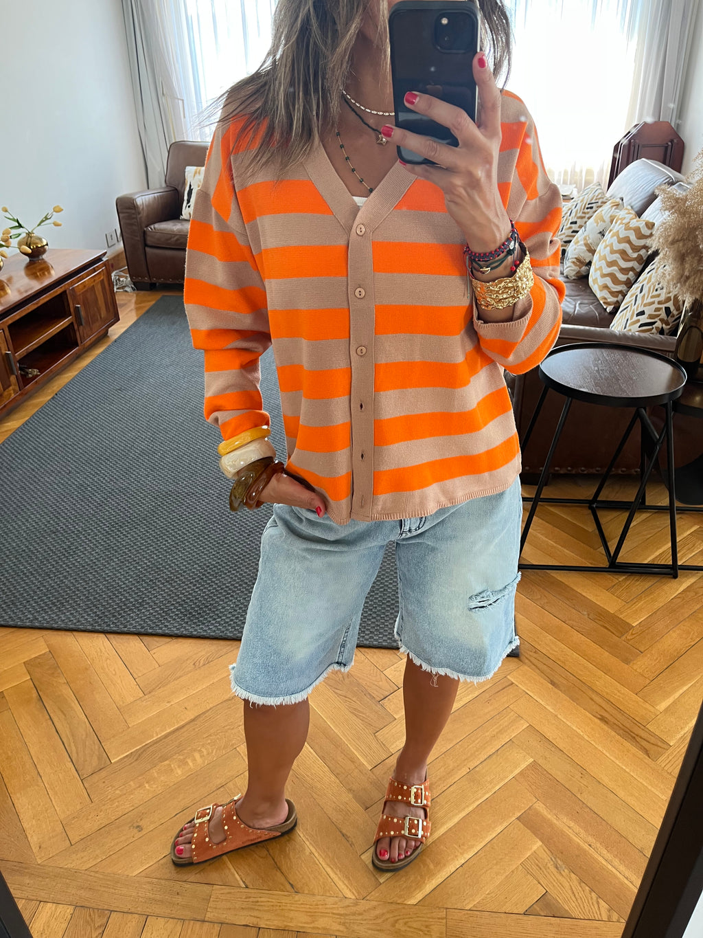 Orange Striped Everyday Light Knit Cardigan