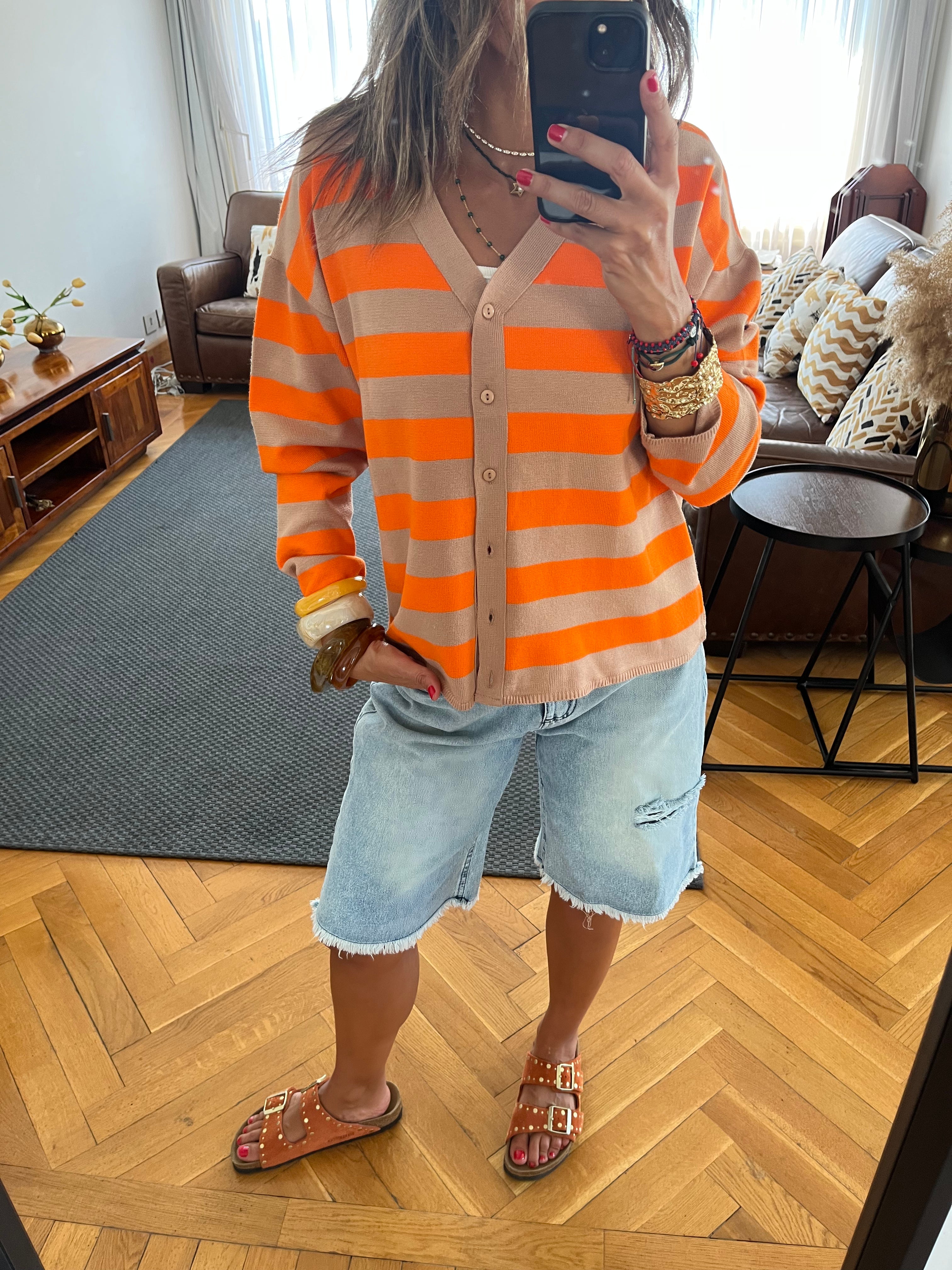 Orange Striped Everyday Light Knit Cardigan