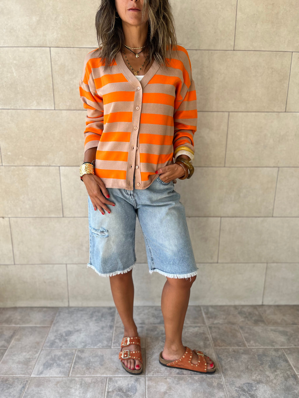 Orange Striped Everyday Light Knit Cardigan