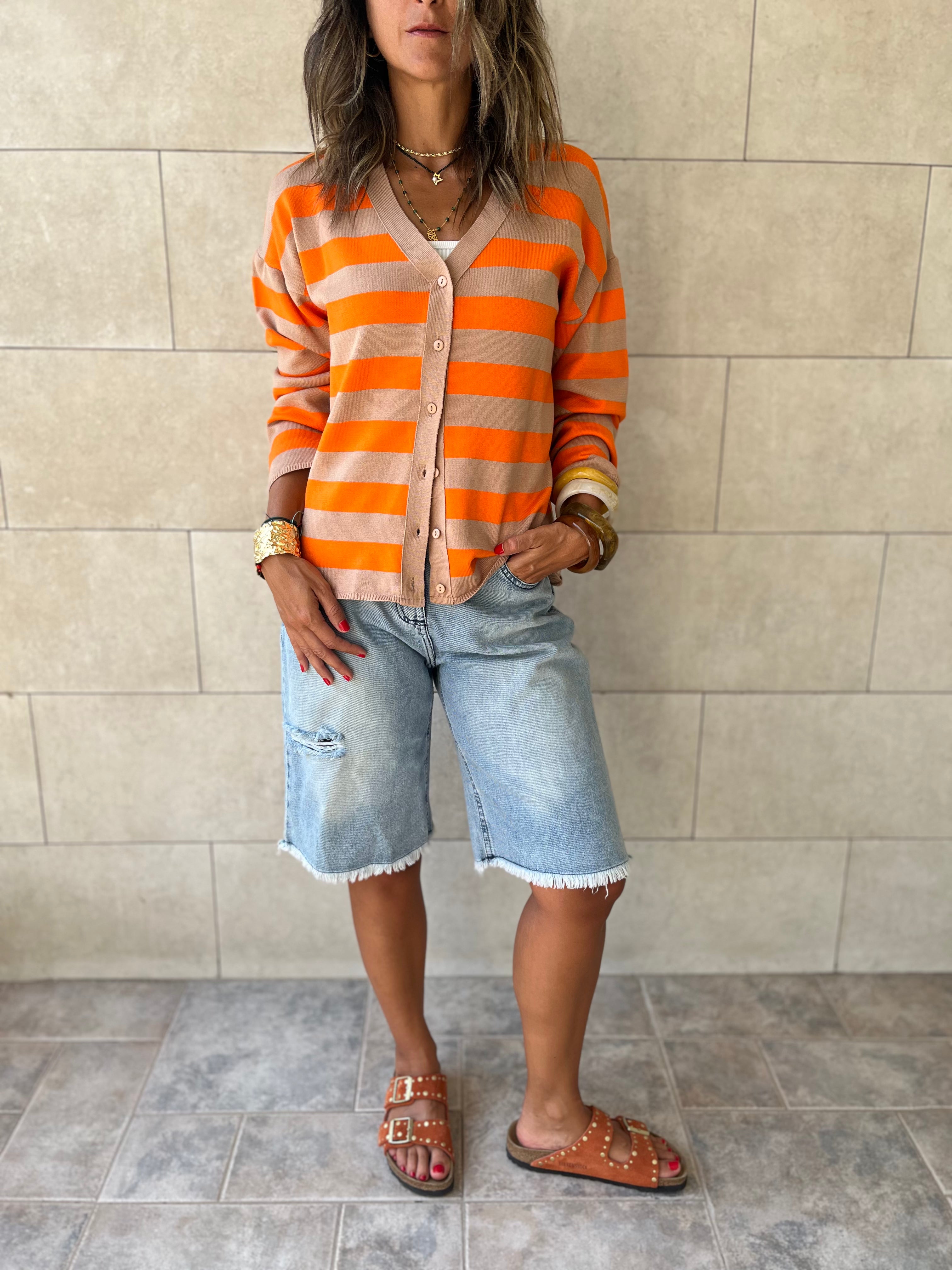 Orange Striped Everyday Light Knit Cardigan