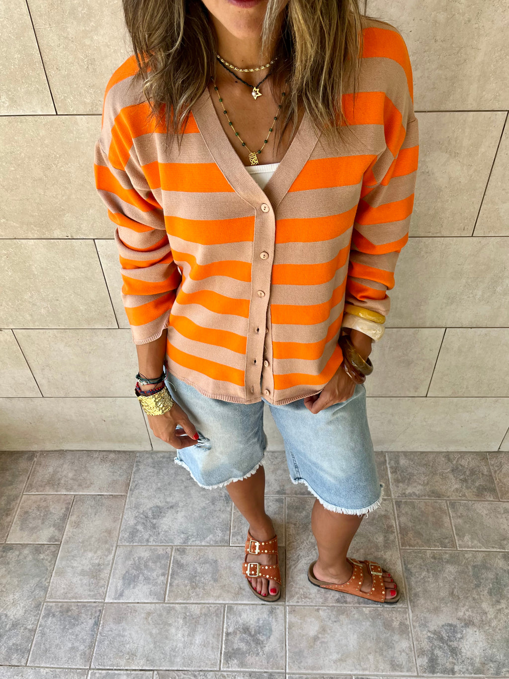 Orange Striped Everyday Light Knit Cardigan