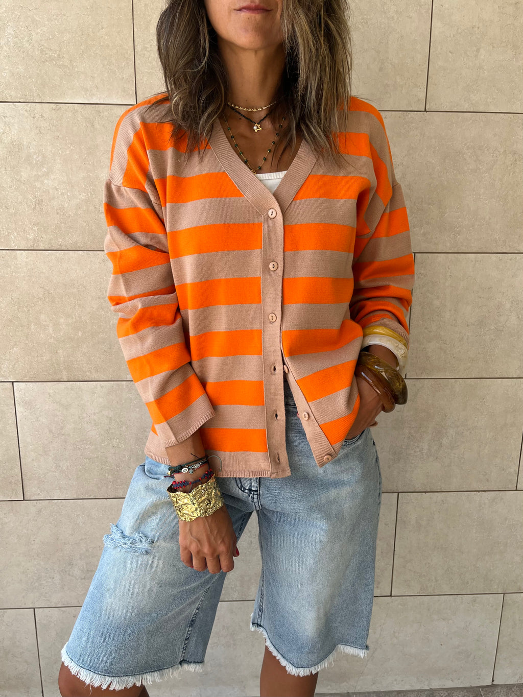 Orange Striped Everyday Light Knit Cardigan