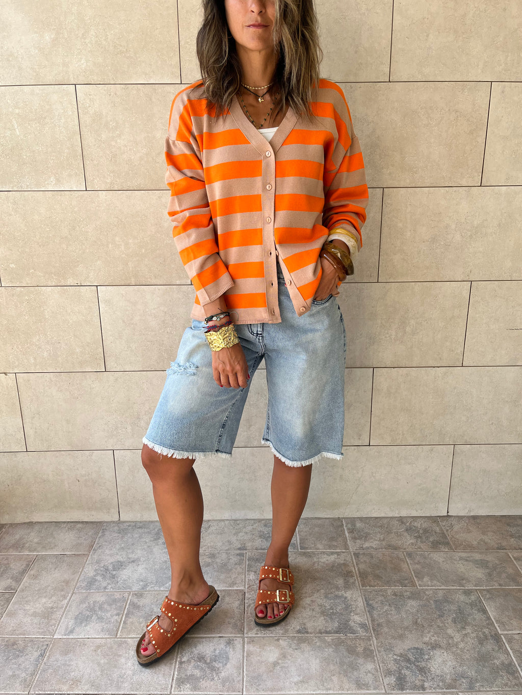 Orange Striped Everyday Light Knit Cardigan