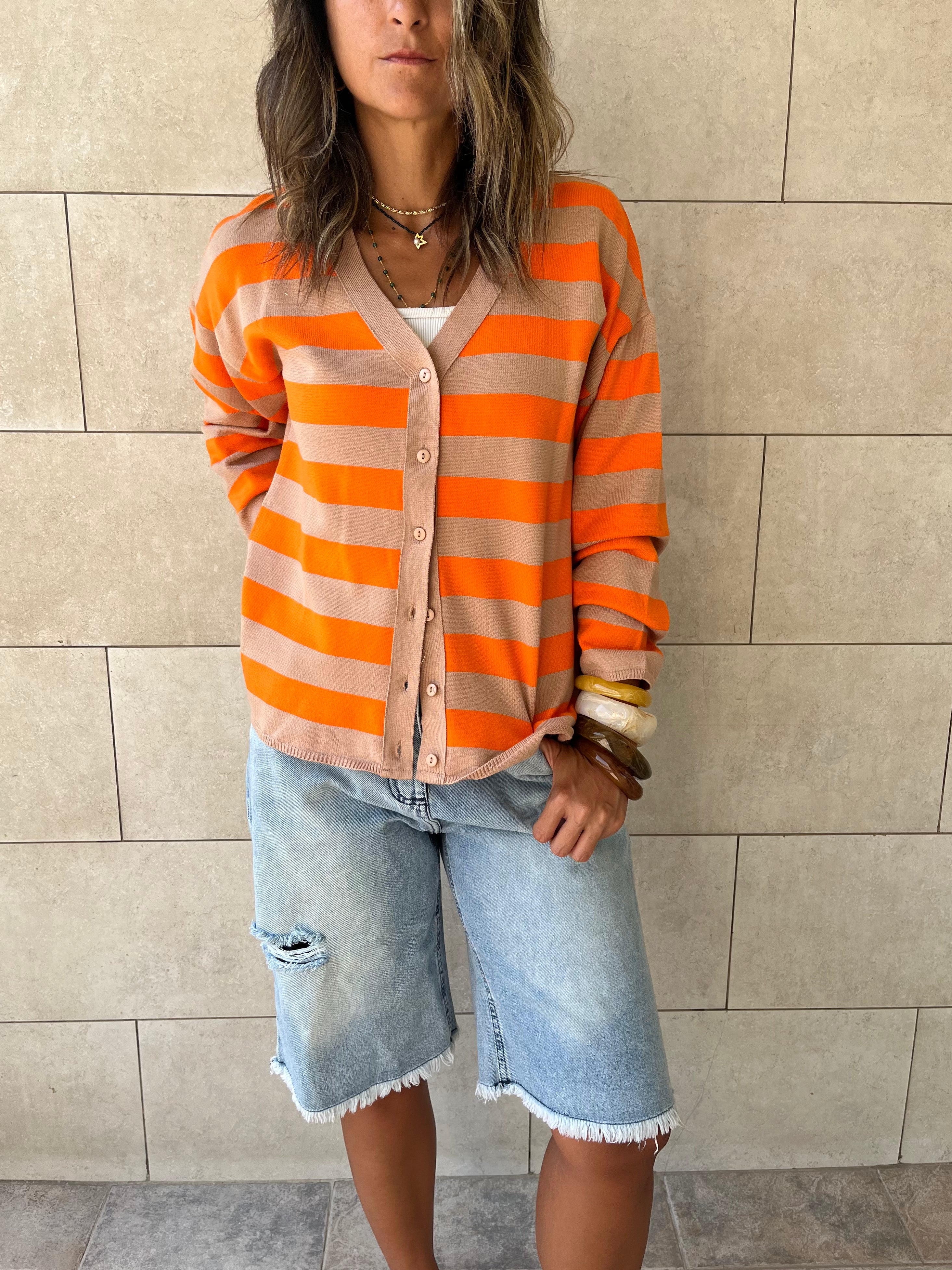 Orange Striped Everyday Light Knit Cardigan