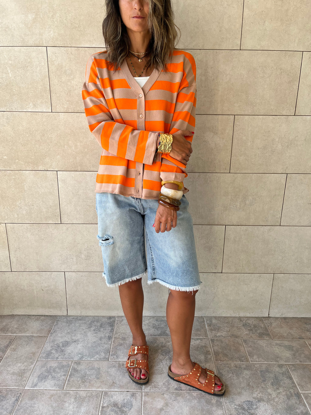 Orange Striped Everyday Light Knit Cardigan