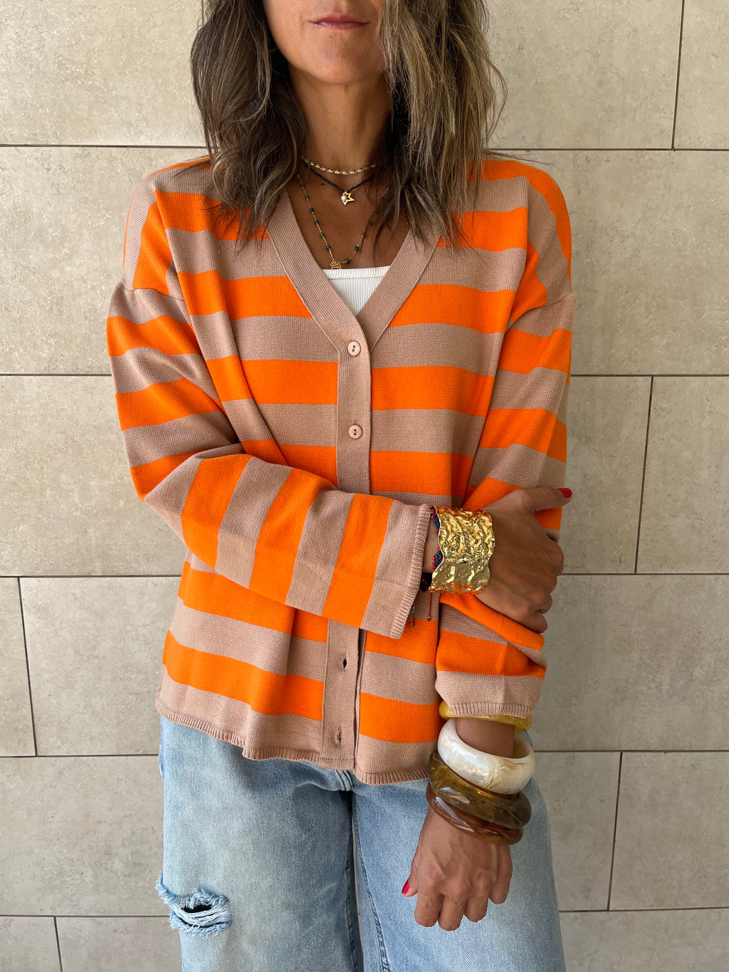Orange Striped Everyday Light Knit Cardigan