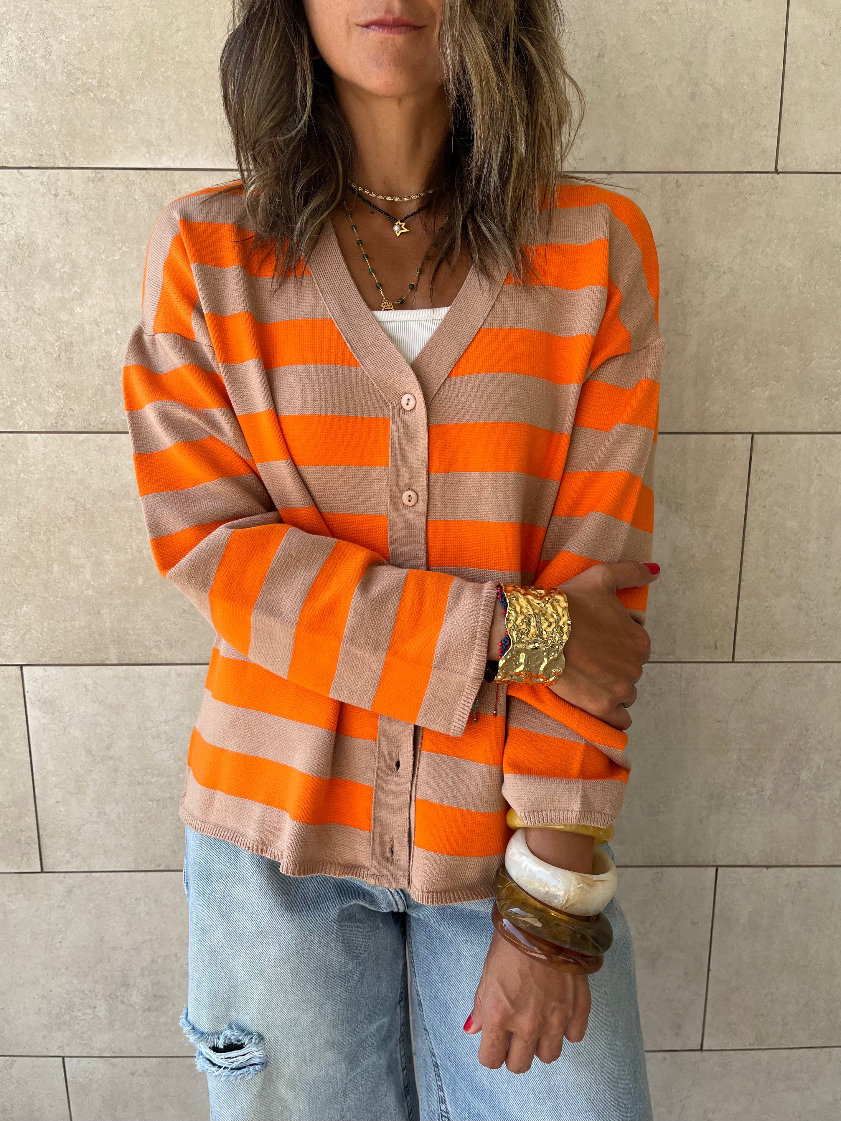 Orange Striped Everyday Light Knit Cardigan
