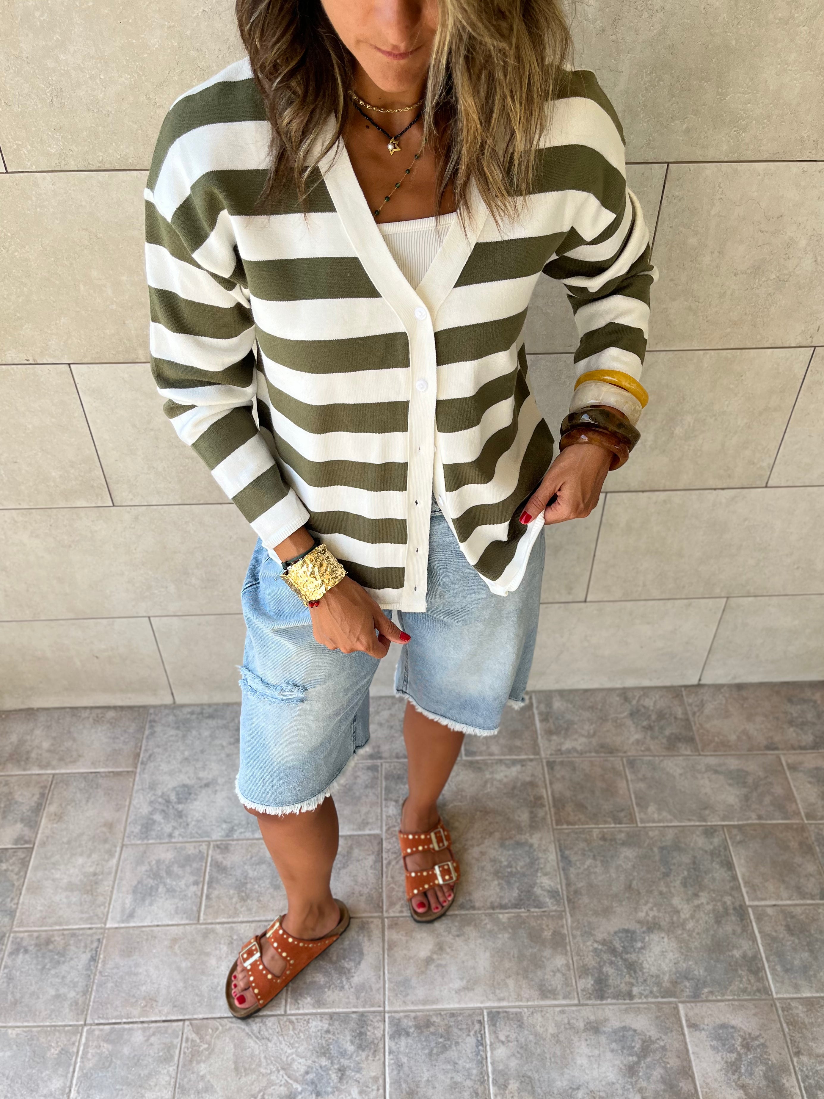 Olive Striped Everyday Light Knit Cardigan