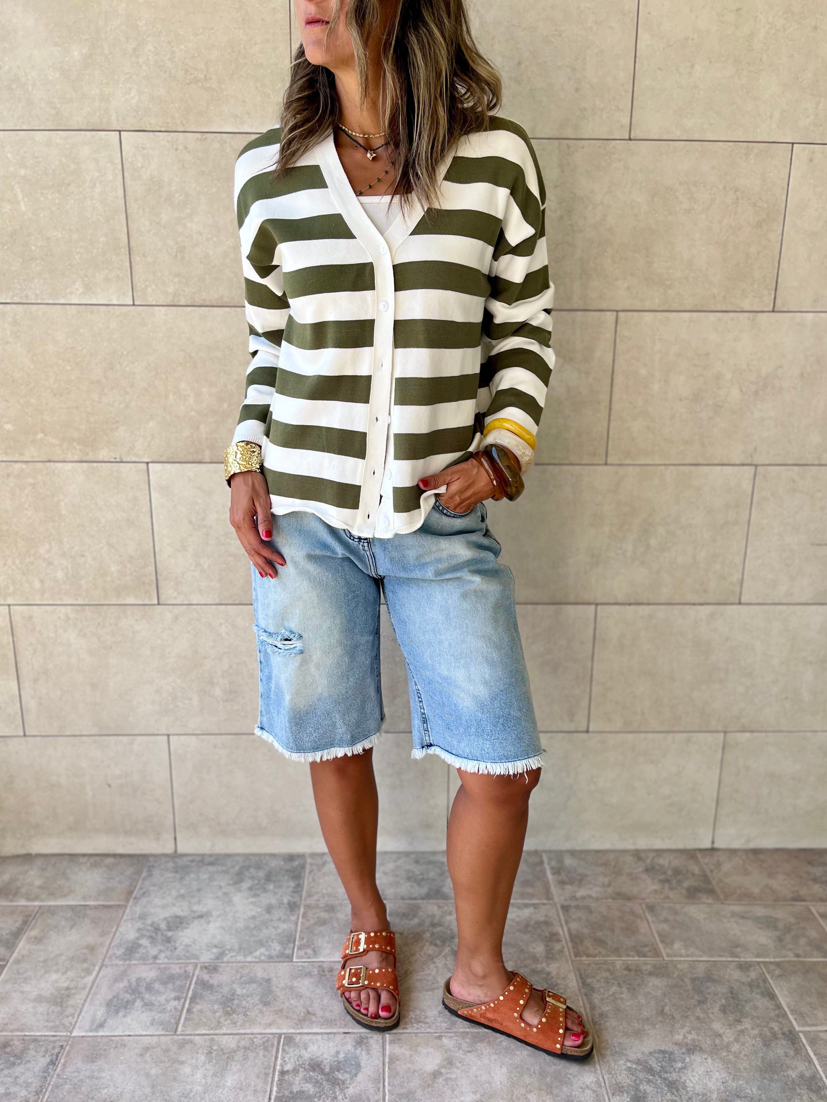 Olive Striped Everyday Light Knit Cardigan