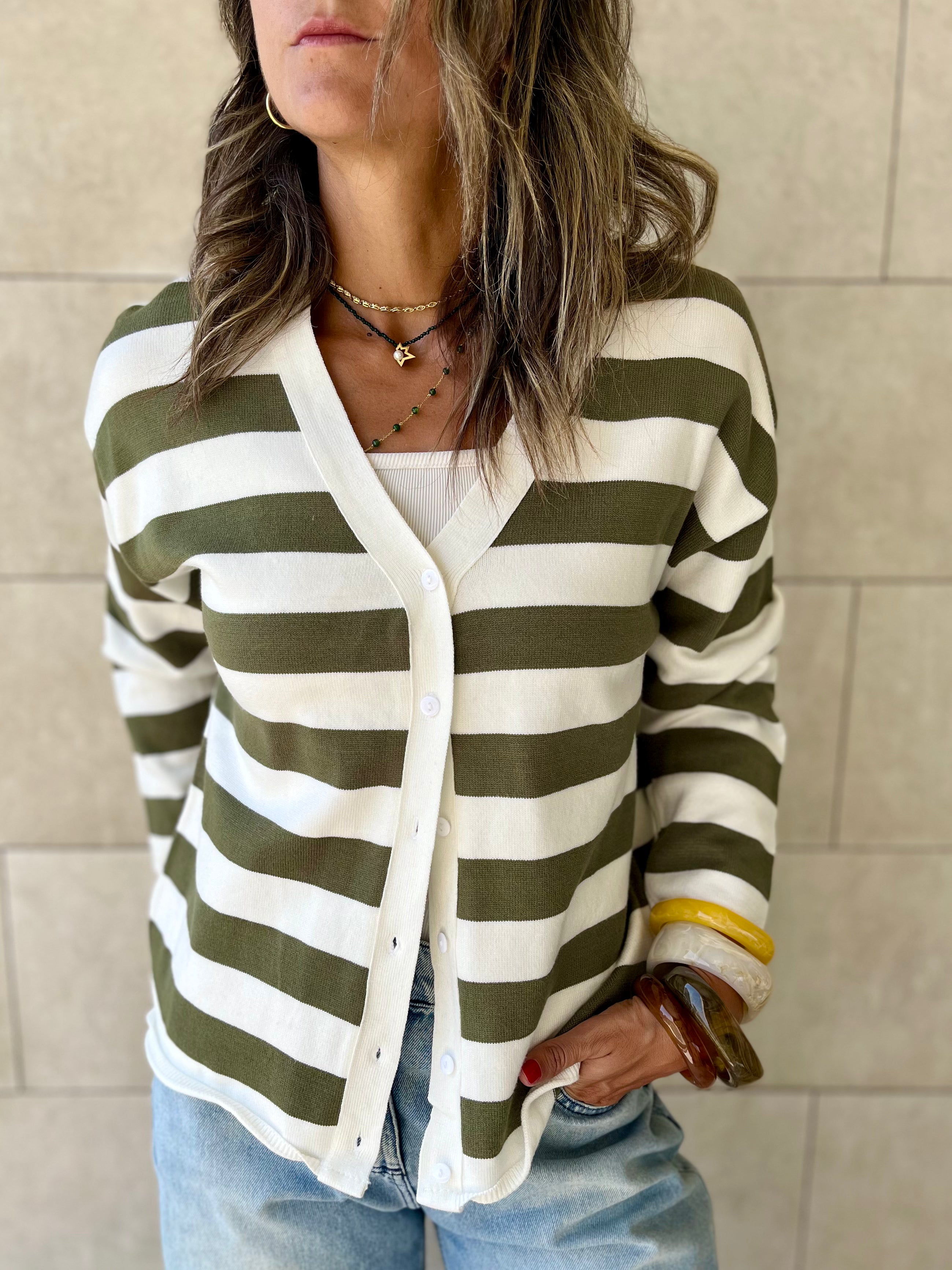 Olive Striped Everyday Light Knit Cardigan