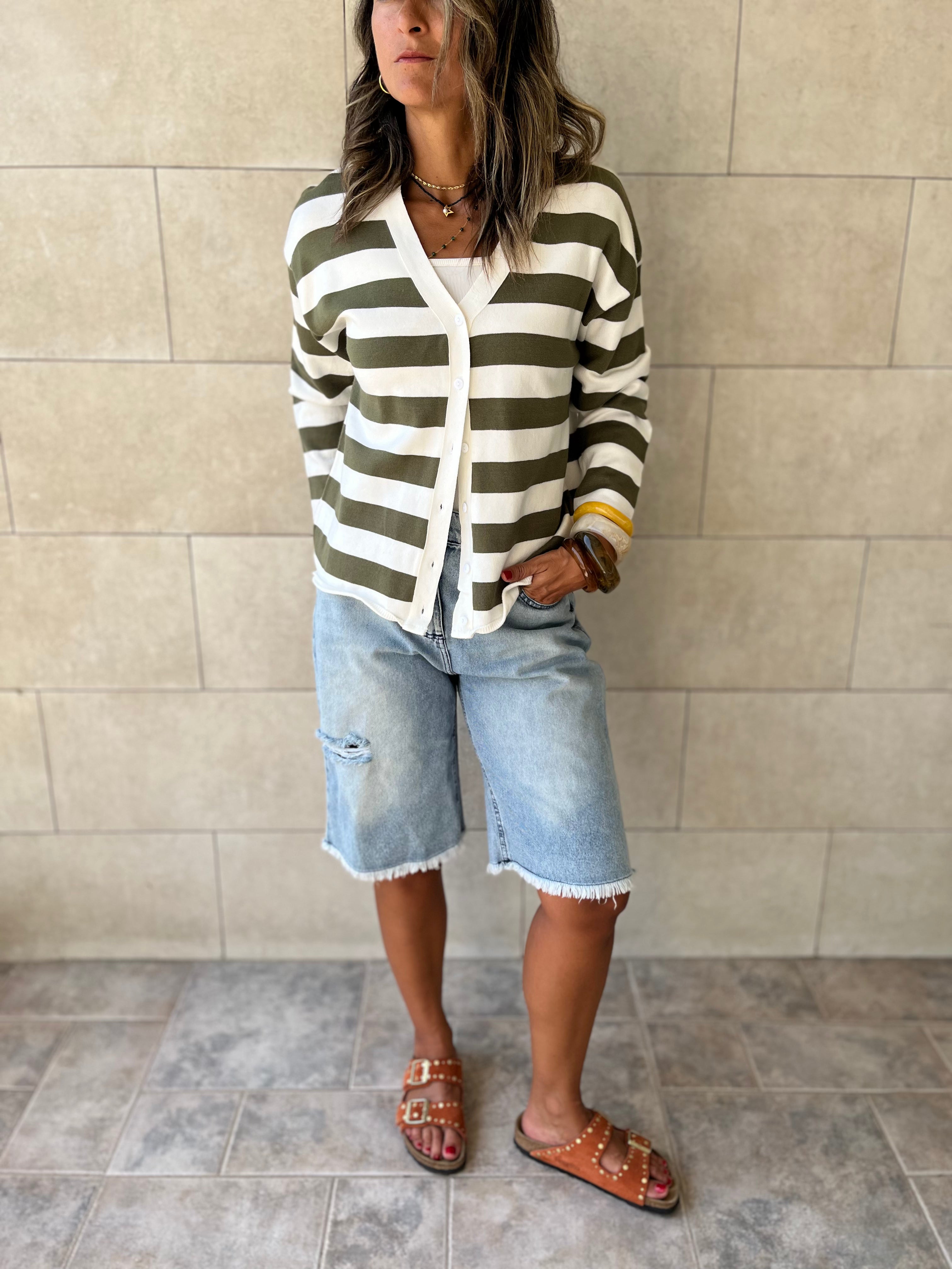 Olive Striped Everyday Light Knit Cardigan