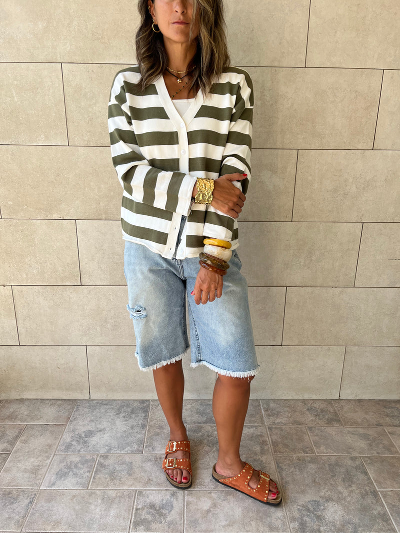 Olive Striped Everyday Light Knit Cardigan