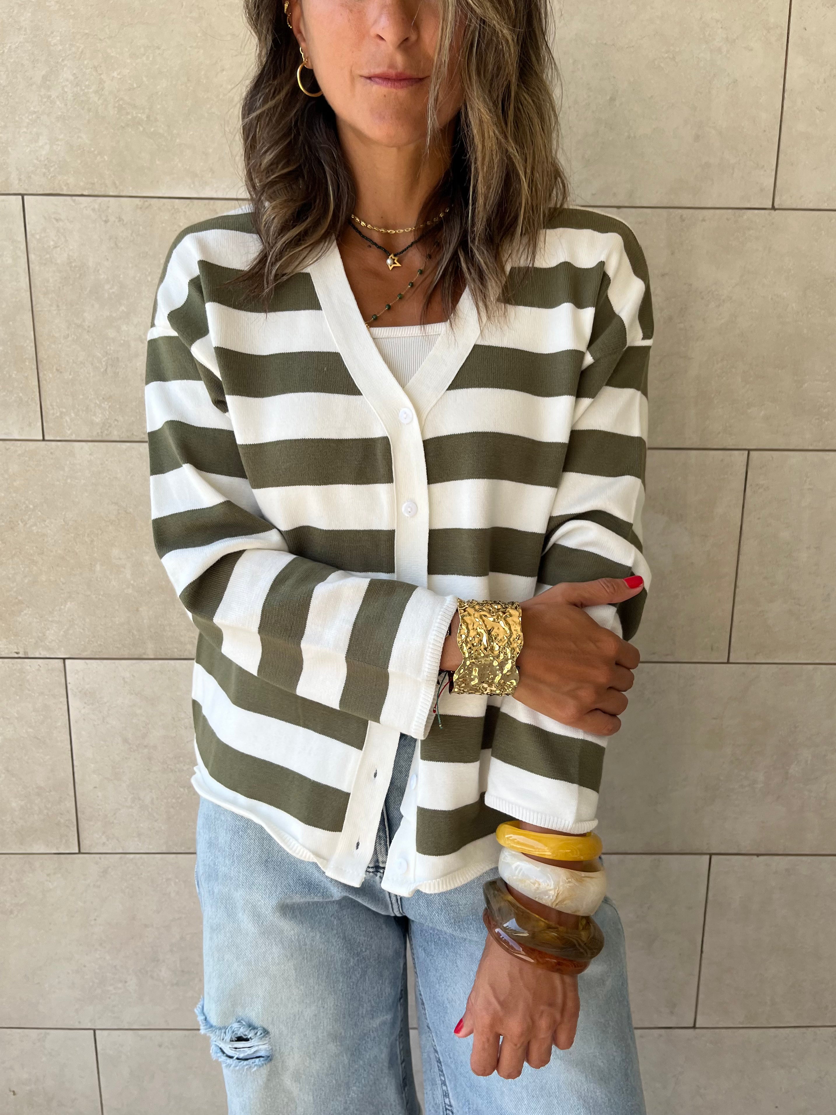 Olive Striped Everyday Light Knit Cardigan